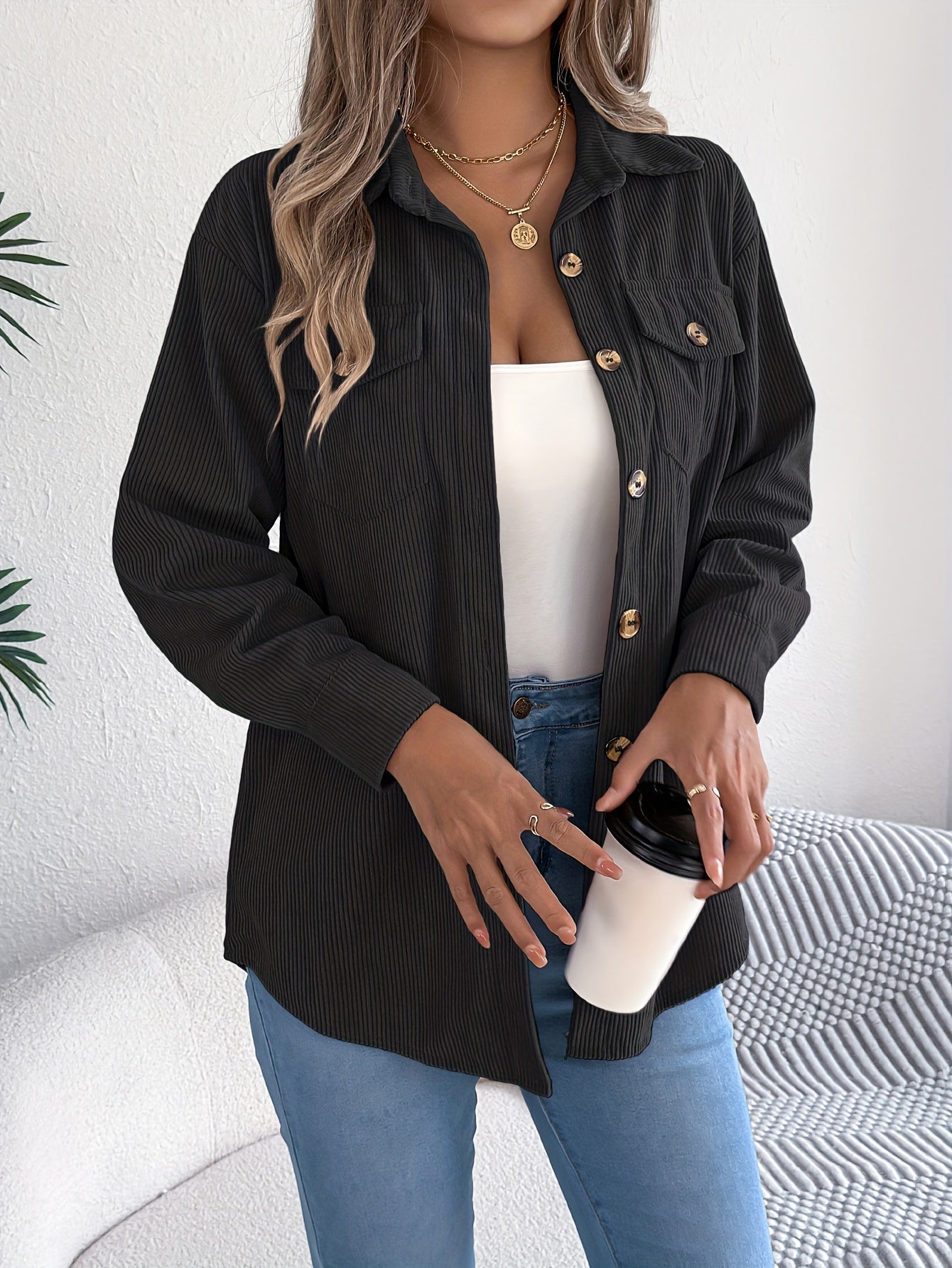 Giacca Casual in Velluto a Coste per Donne – Maniche Lunghe e Collo Classico, Perfetta per l'Autunno e l'Inverno