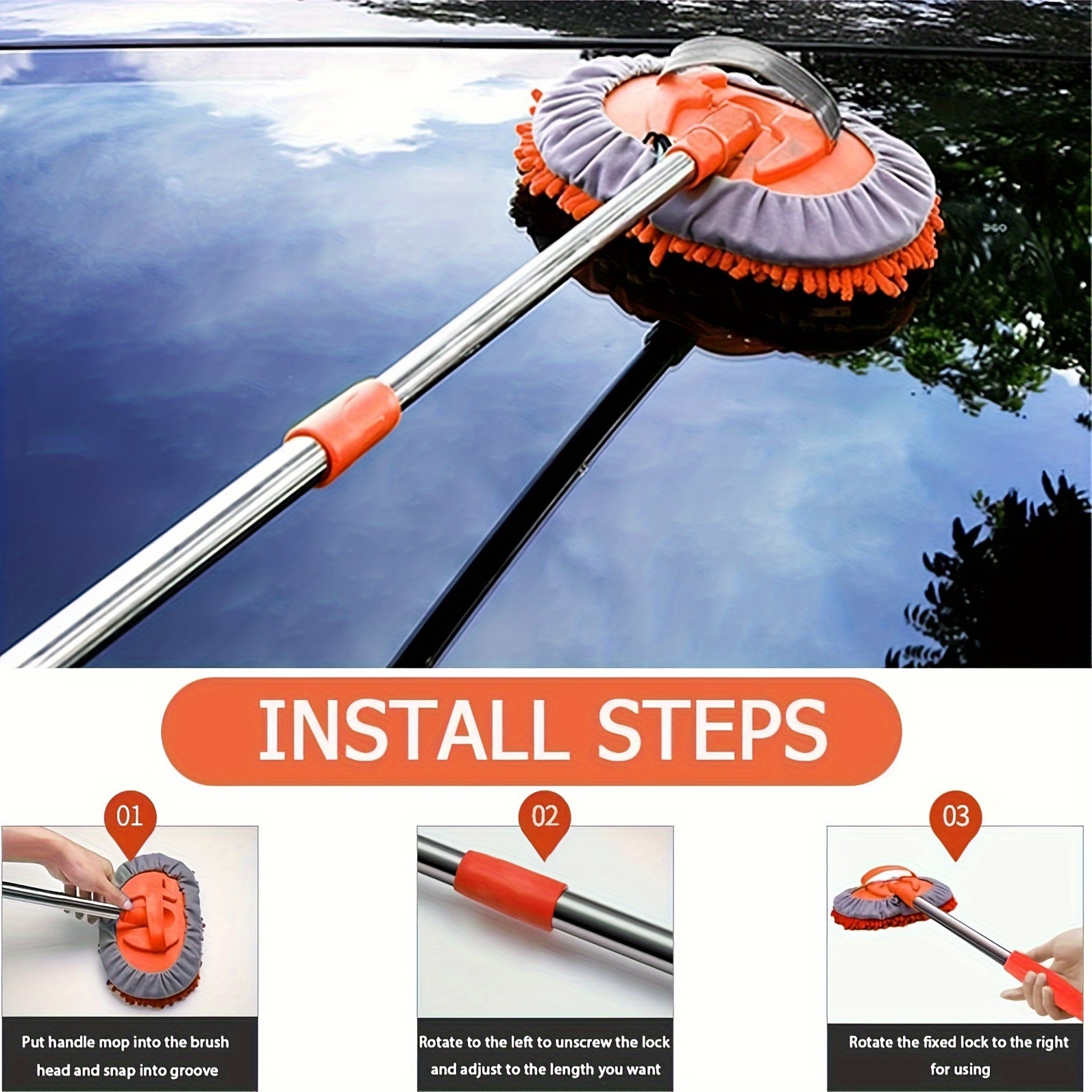 Spazzola per Lavaggio Auto in Microfibra con Manico Lungo – Testa di Mop Rimovibile per Pulizia Senza Graffi