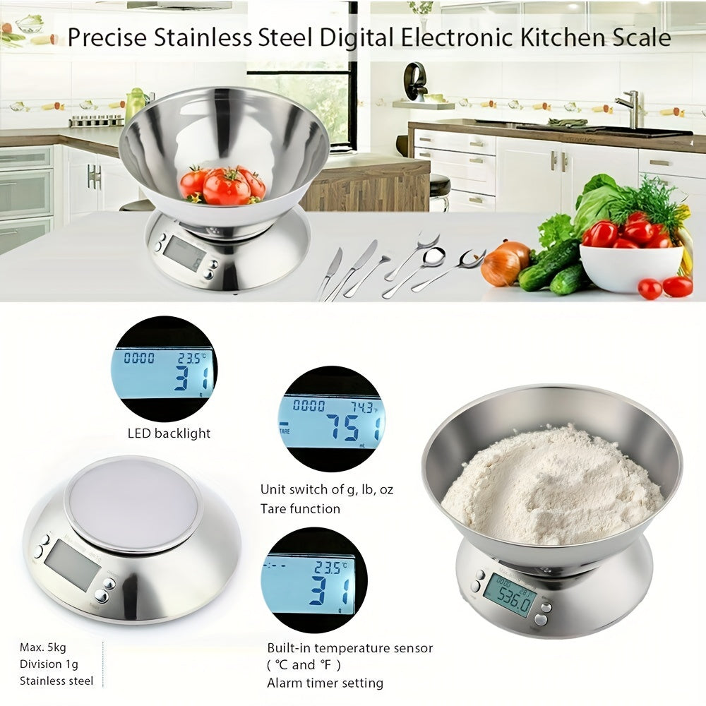 Bilancia da Cucina Digitale con Piatto in Acciaio Inossidabile – Precisione con Sensore di Temperatura e Funzione Timer per Cottura e Preparazione
