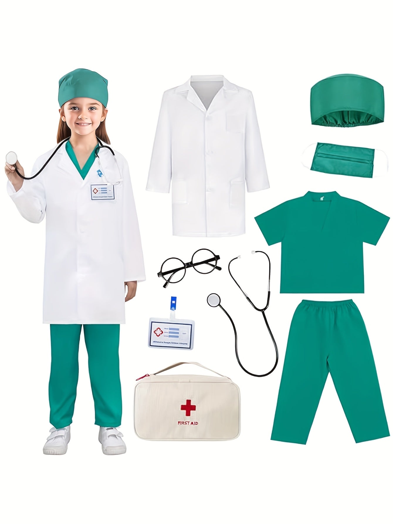 Set Costume da Dottore per Bambini – Set da 9 Pezzi con Stetoscopio e Borsa di Pronto Soccorso