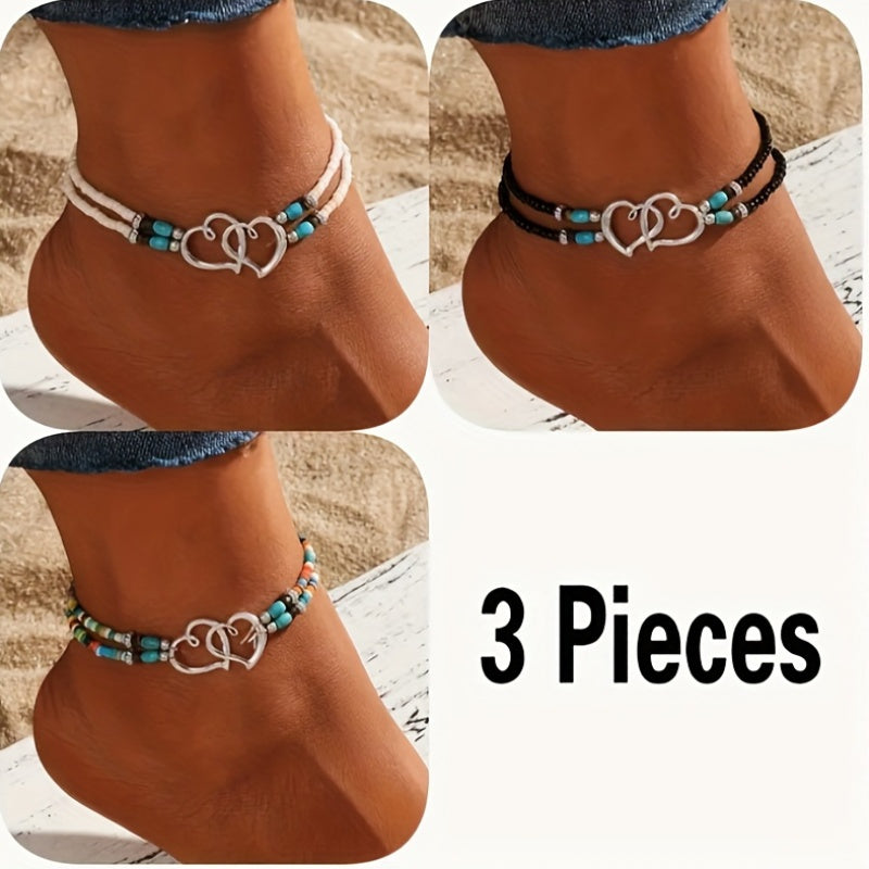 Set di Braccialetti Ankle Bohemien Elastici – Cristalli Naturali e Cuori Doppio