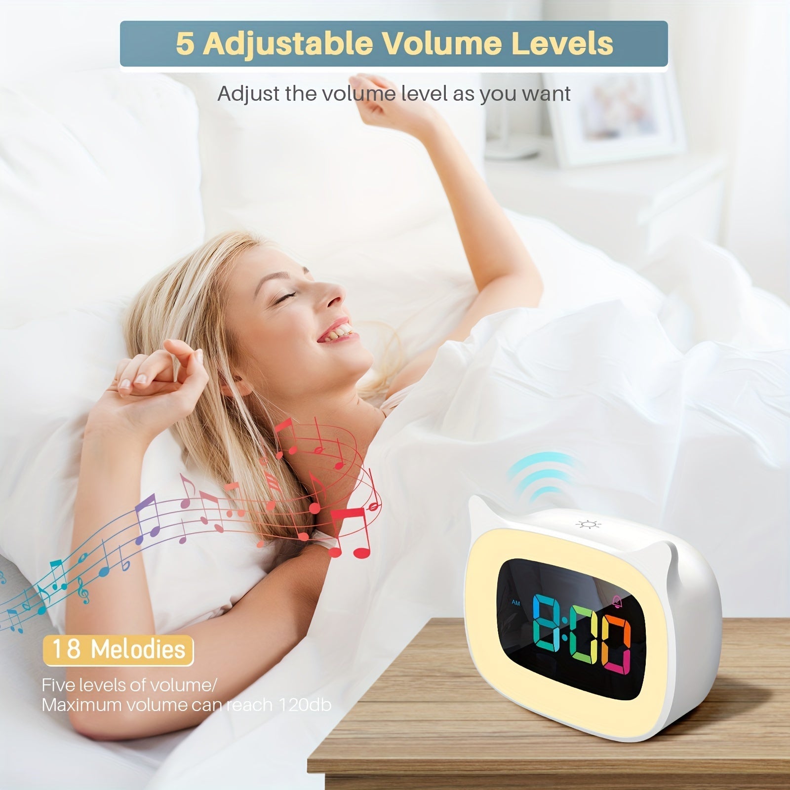 Sveglia con Orecchie da Gatto – Lampada Notturna RGB con 18 Melodie e Ricaricabile USB