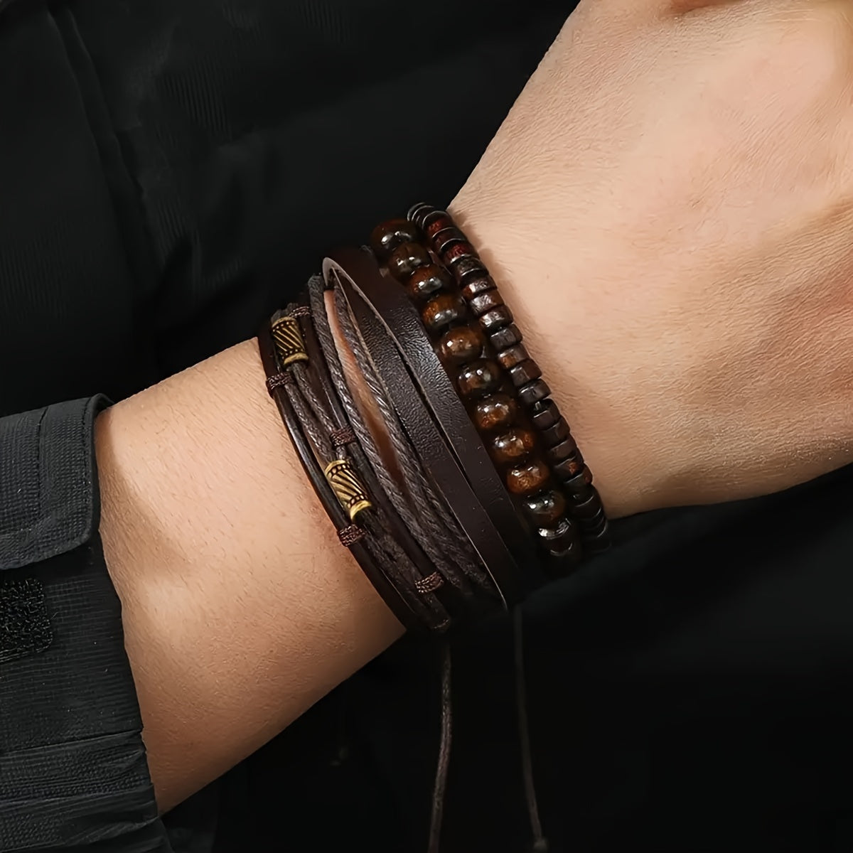 Set di Bracciali Eleganti in Pelle e Legno - Per l'Uomo Moderno