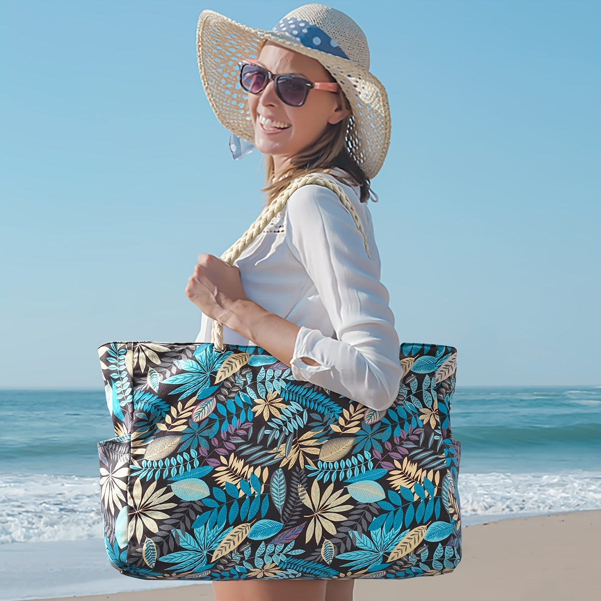 Borsa da Spiaggia Trendy con Stampa Foglia - Ampia, Resistente e Perfetta per le Vacanze