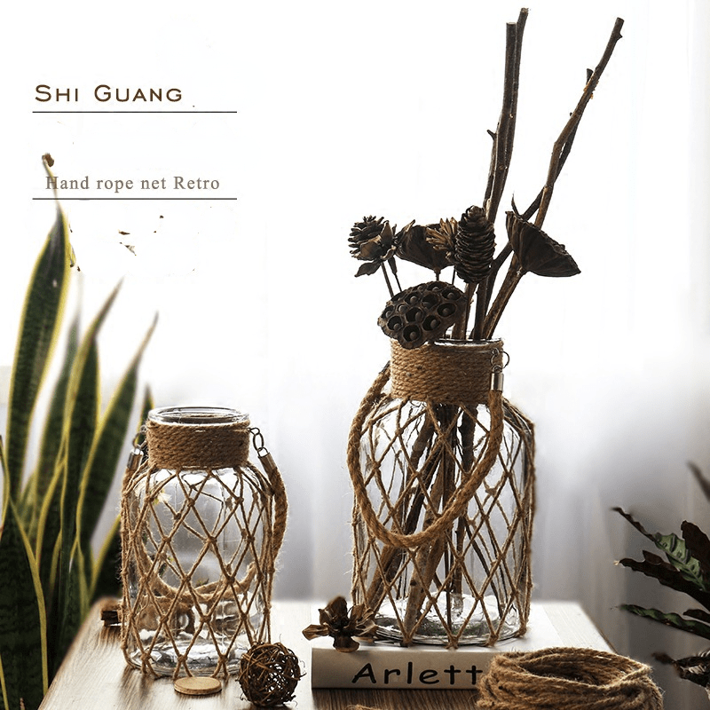 Vaso di Vetro Rustico con Cordino in Juta – Decorativo e Senza Tempo per il Tuo Interno