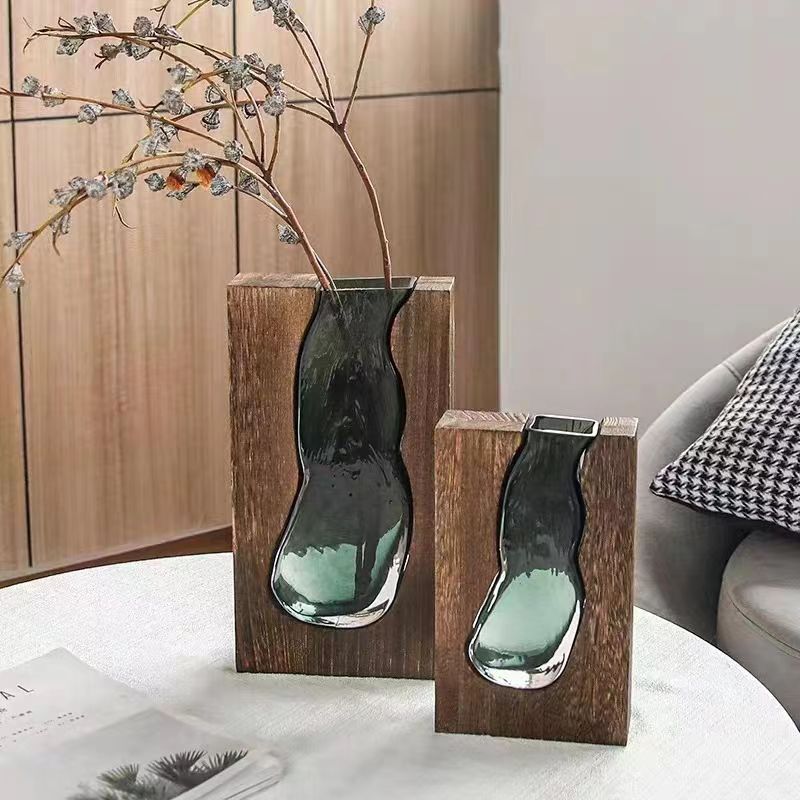 Elegante Vaso di Vetro con Base in Legno - Decorazione Stile per Ogni Ambiente