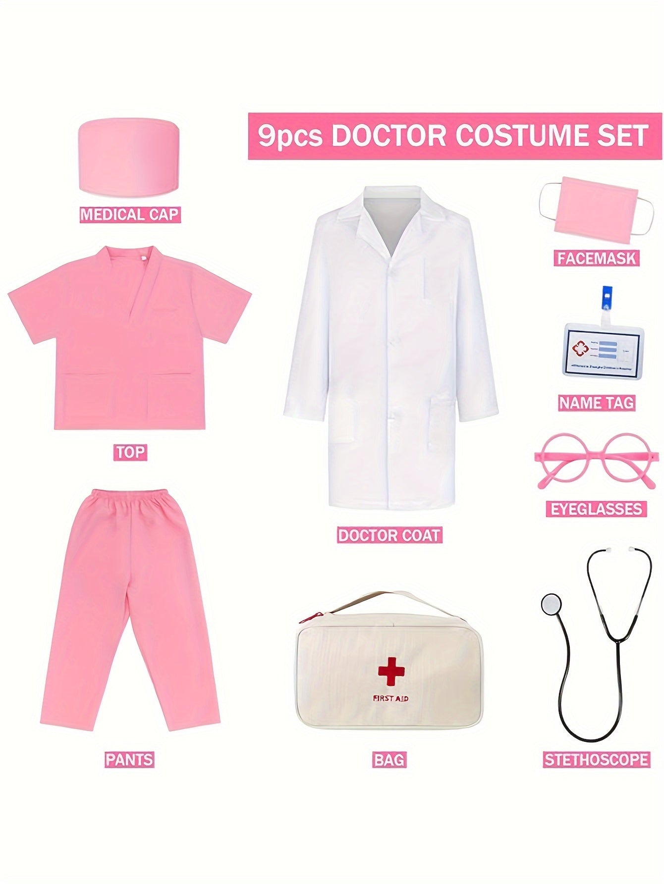 Set Costume da Dottore per Bambini – Set da 9 Pezzi con Stetoscopio e Borsa di Pronto Soccorso