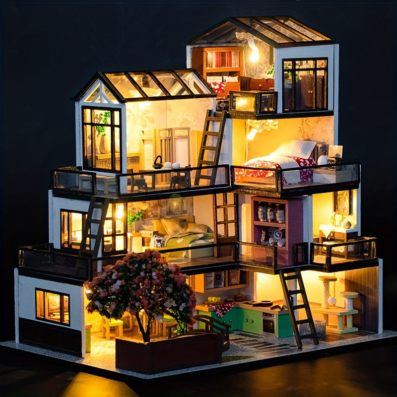 Kit di Puzzle 3D Miniatura Villa – Modello Fai-da-Te con Illuminazione LED e Interni Dettagliati