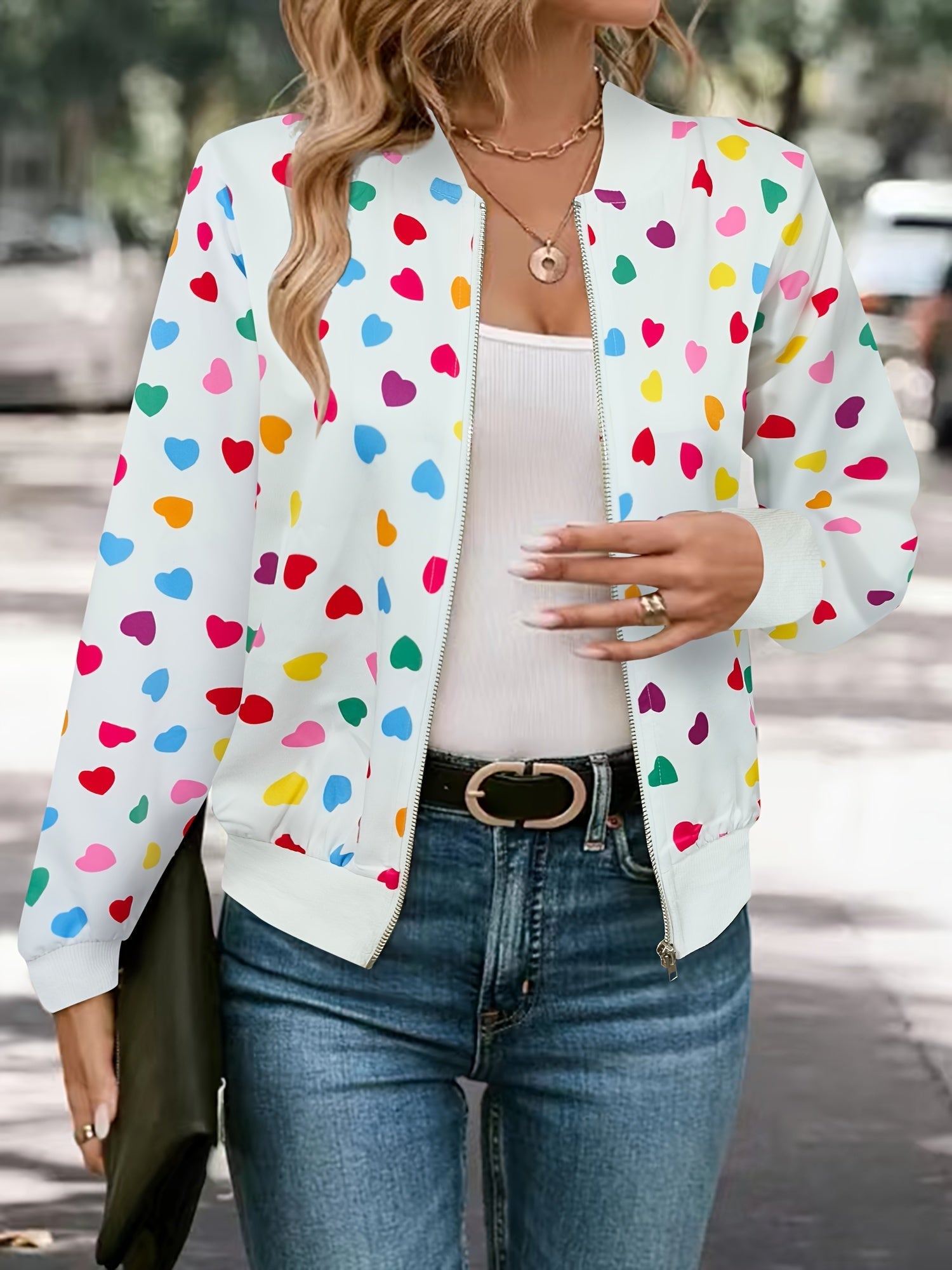 Giacca Bomber Cuori Allegri – Giacca Zip-up Elegante e Confortevole per Primavera e Autunno