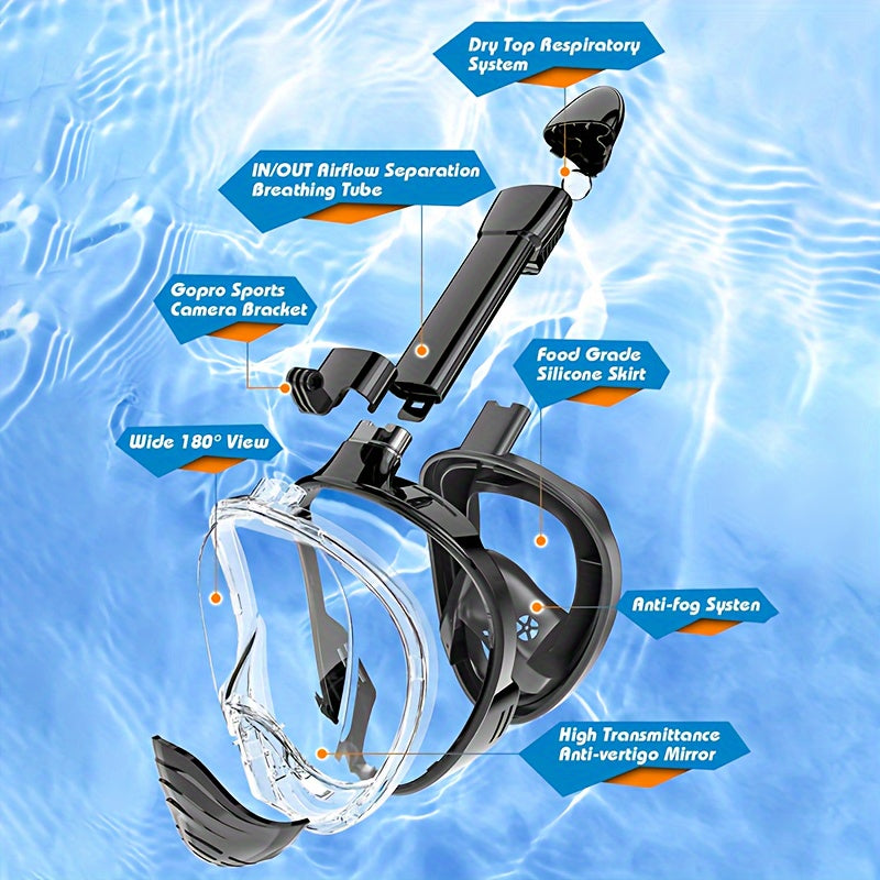 Maschera Snorkel per Viso Intero – Visione Panoramica a 180° e Montaggio per Fotocamera per un'Esperienza Subacquea Perfetta