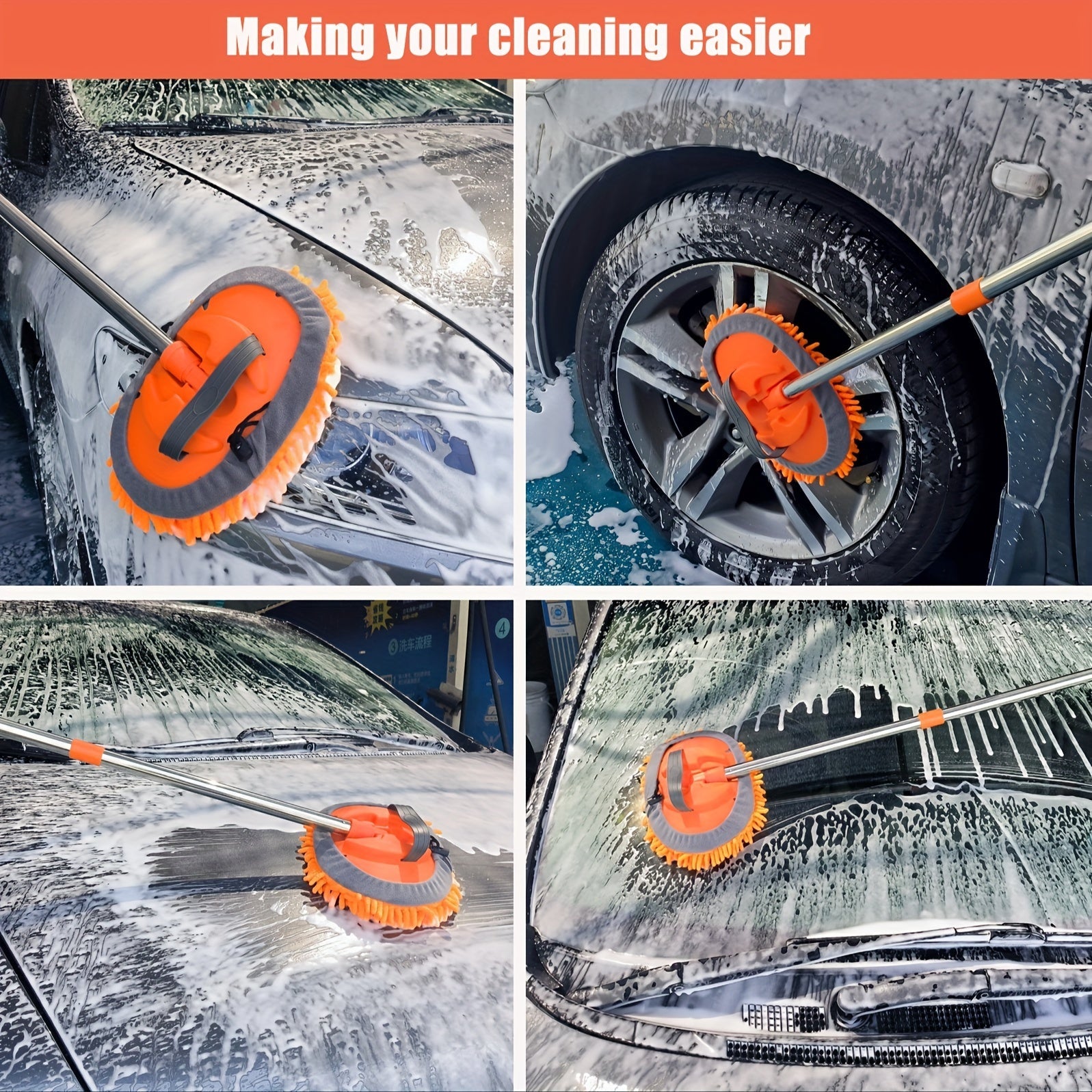 Spazzola per Lavaggio Auto in Microfibra con Manico Lungo – Testa di Mop Rimovibile per Pulizia Senza Graffi