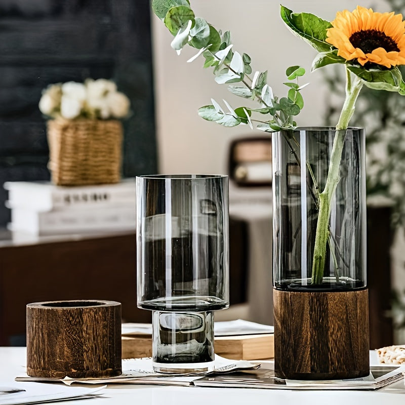 Vaso di Vetro di Lusso con Base in Legno - Elegante e Moderno