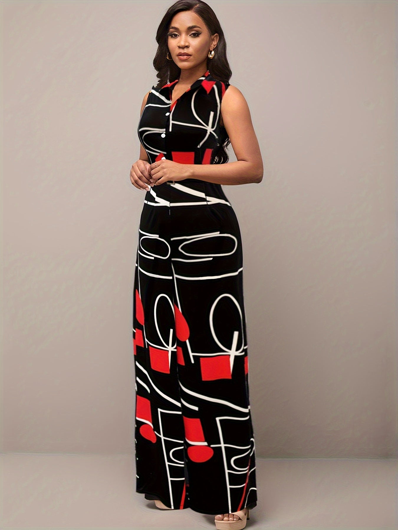 Elegante Jumpsuit Stampato Geometrico – Pantaloni Larghi e Cintura per Feste e Abbigliamento Casual