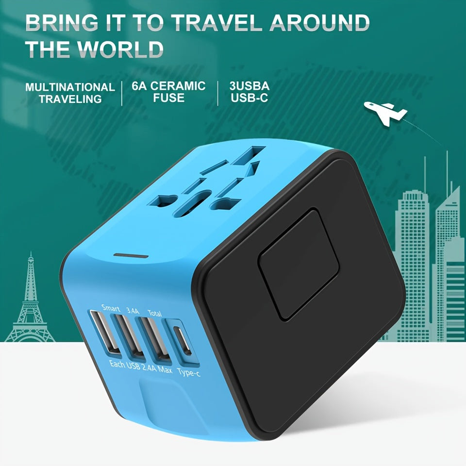 Adattatore da viaggio con 4 porte USB e Type-C – Caricabatterie Globale con Ricarica Rapida e Sicurezza