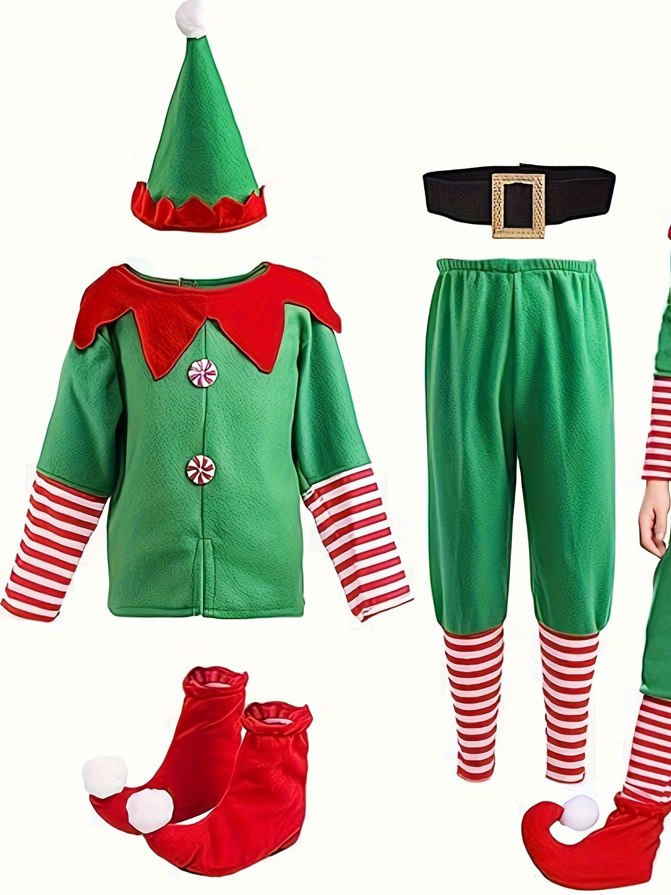 Divertente Costume da Elfo di Natale per Bambini - Completo di Cappello, Maglietta, Pantaloni e Copriscarpe