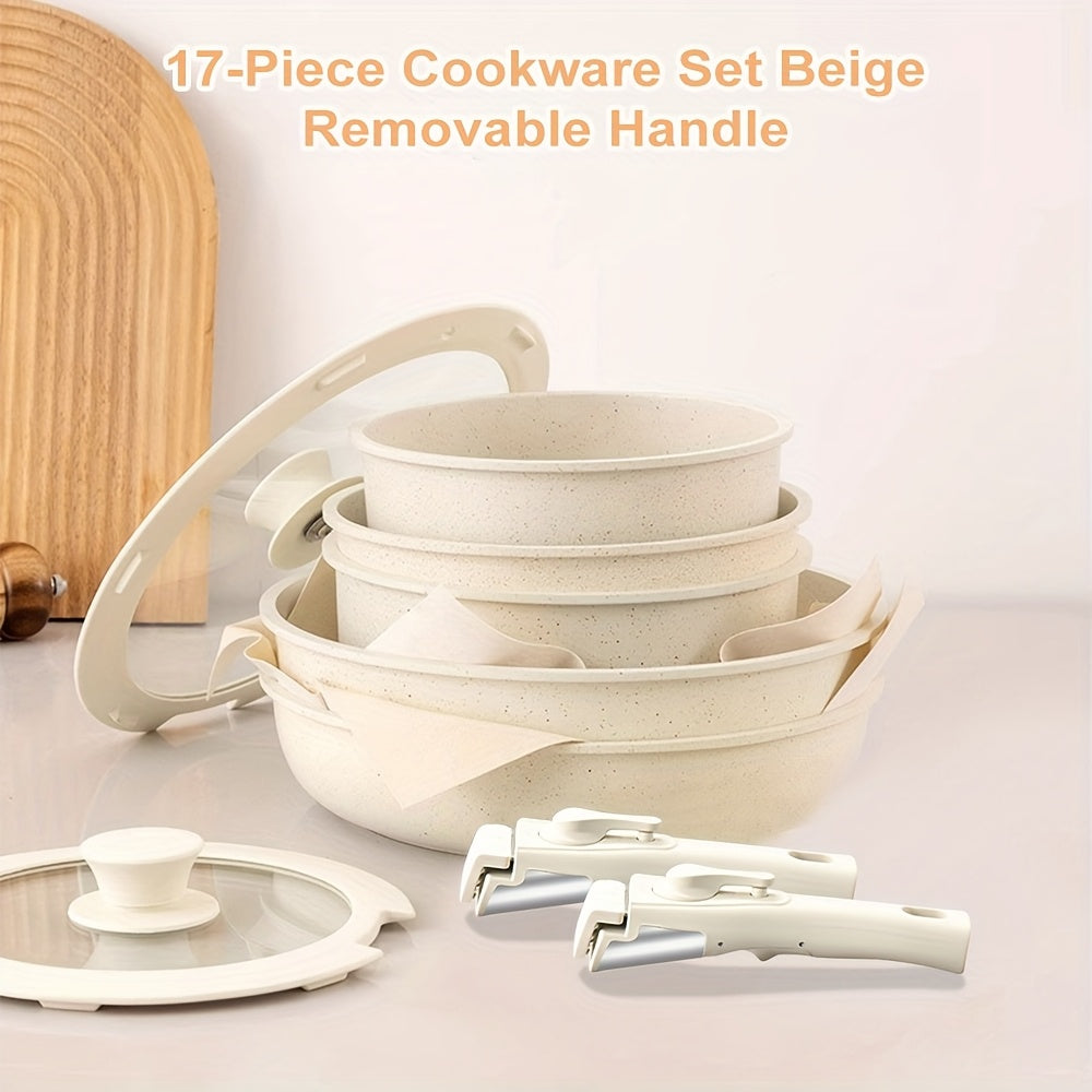 Set di Pentole in Ceramica da 17 Pezzi – Inclusi Manici Rimovibili e Pentola Frittrice Profonda