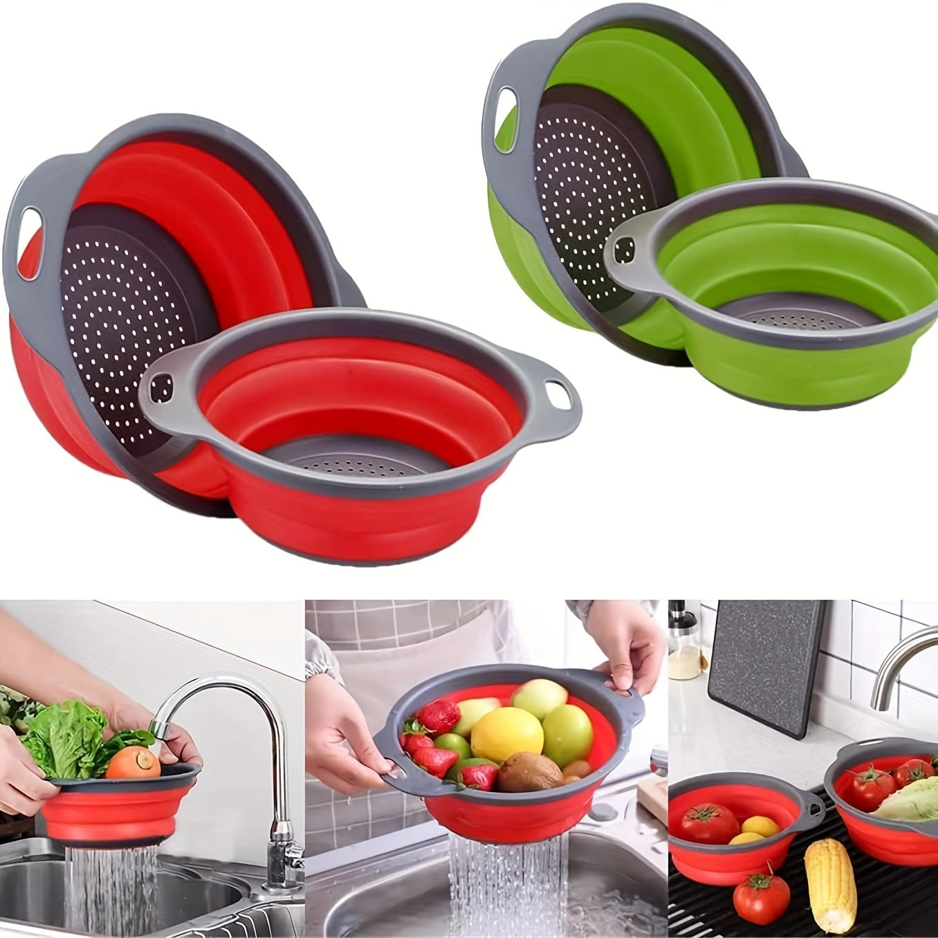 Set di Colino in Silicone Pieghevole – Perfetto per Pasta, Verdure e Frutta