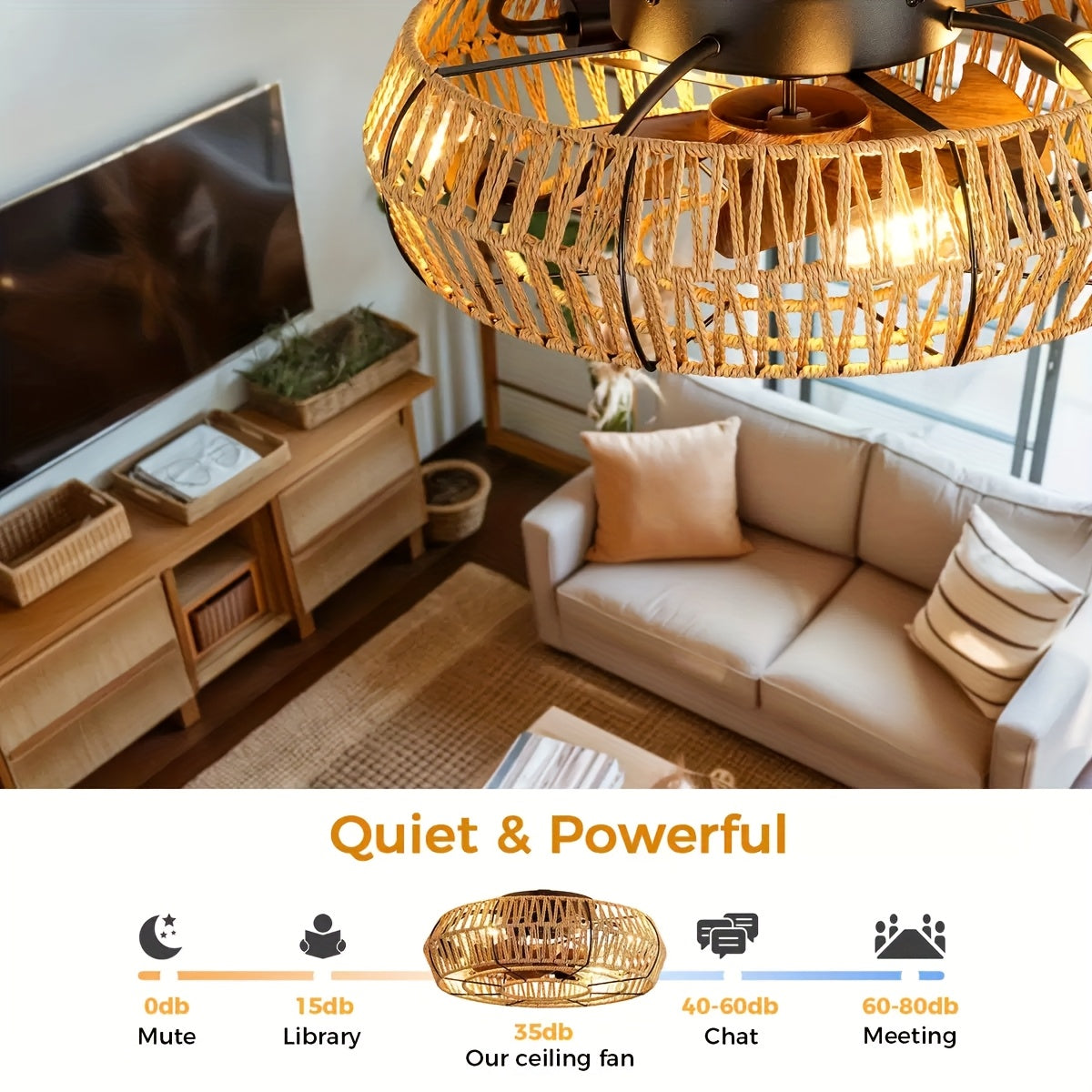 Ventilatore da soffitto in rattan intrecciato a mano – Stile Zen e Funzionalità