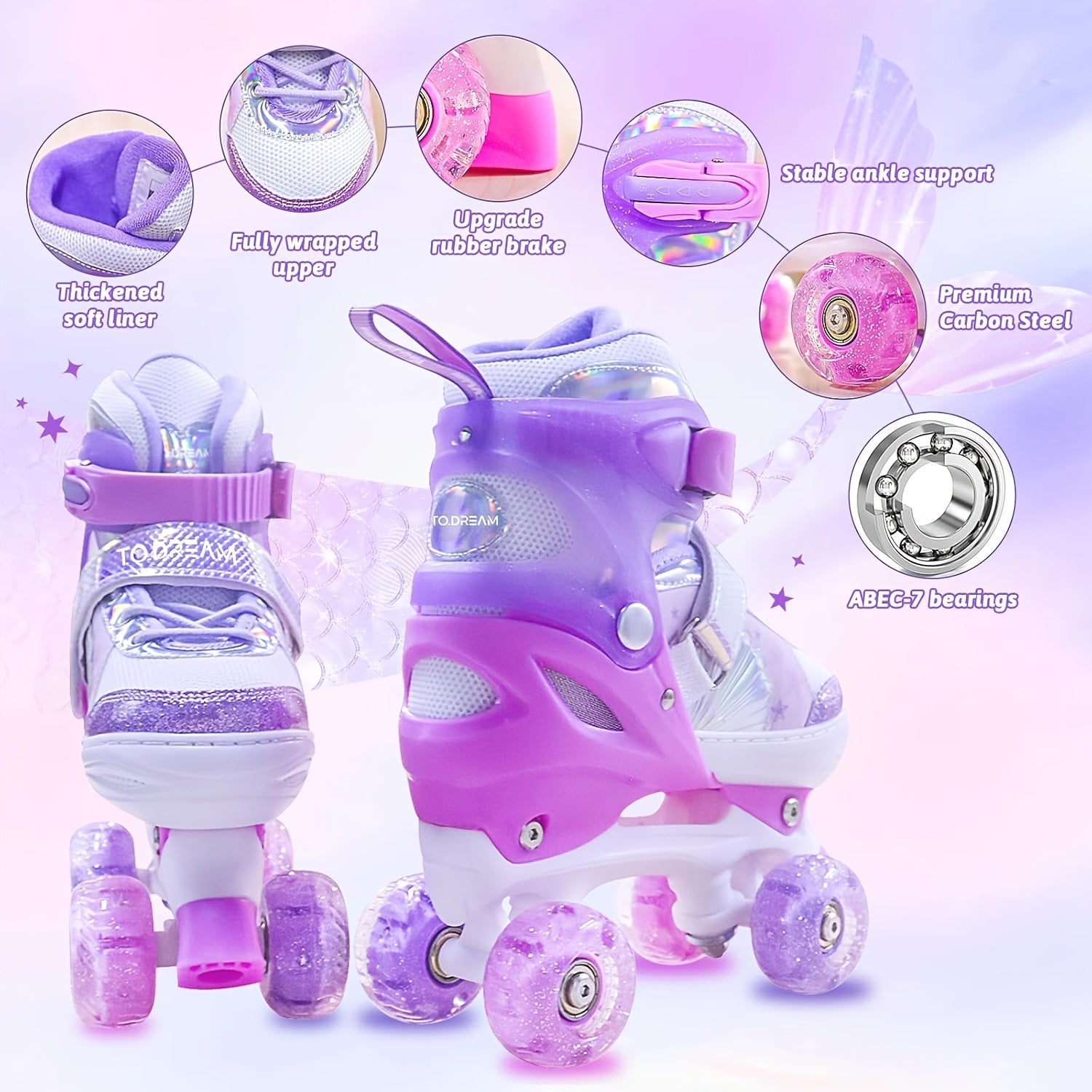 Patini Regolabili per Bambini – Motivo a Stella Glitterato con Ruote Luminescenti