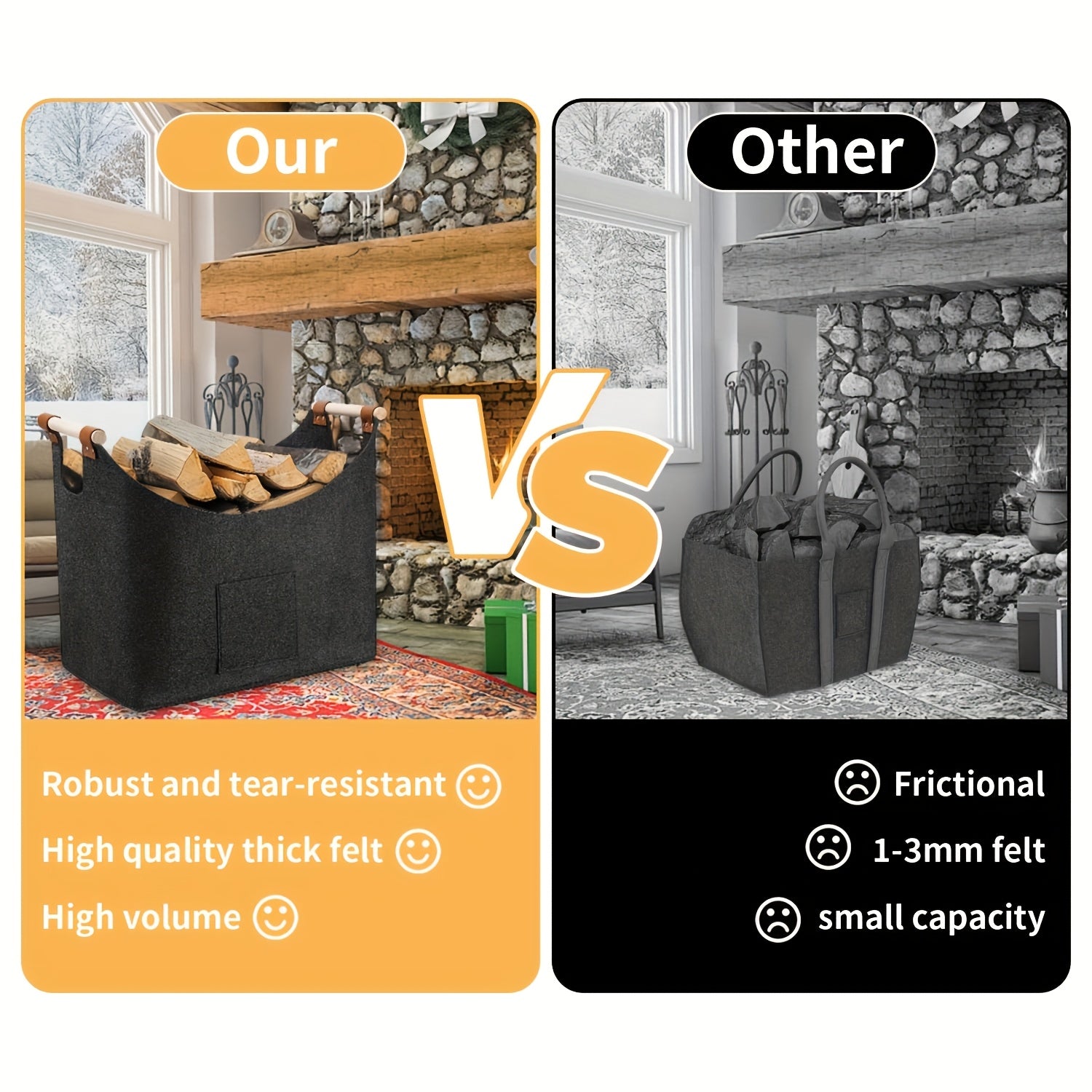 Cesta Pieghevole in Feltro XL con Manici in Legno – Portalegna Sostenibile e Stilosu per Uso Interno