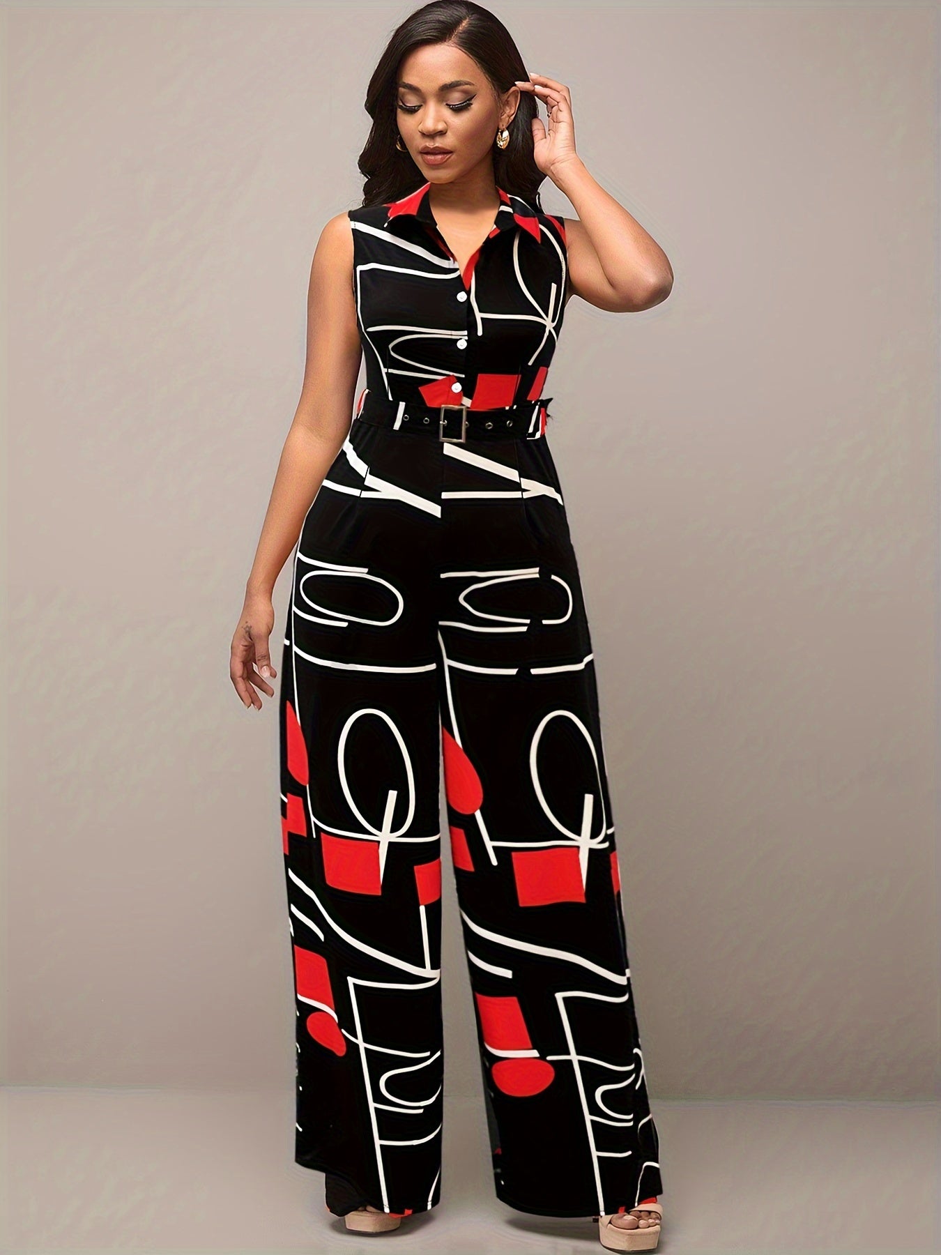 Elegante Jumpsuit Stampato Geometrico – Pantaloni Larghi e Cintura per Feste e Abbigliamento Casual
