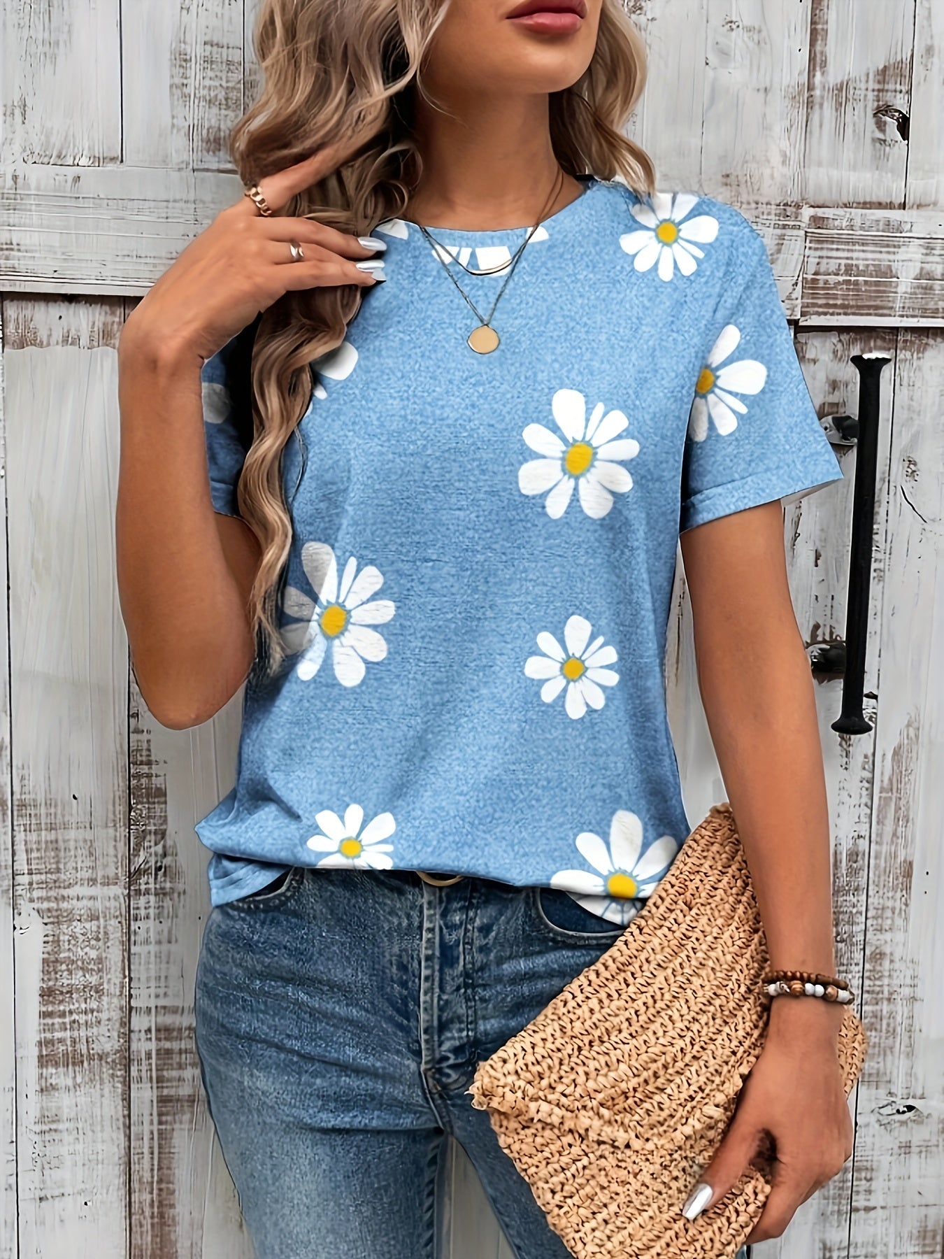 T-shirt Crewneck con Stampa di Margherite – Casual e Traspirante per Primavera e Estate