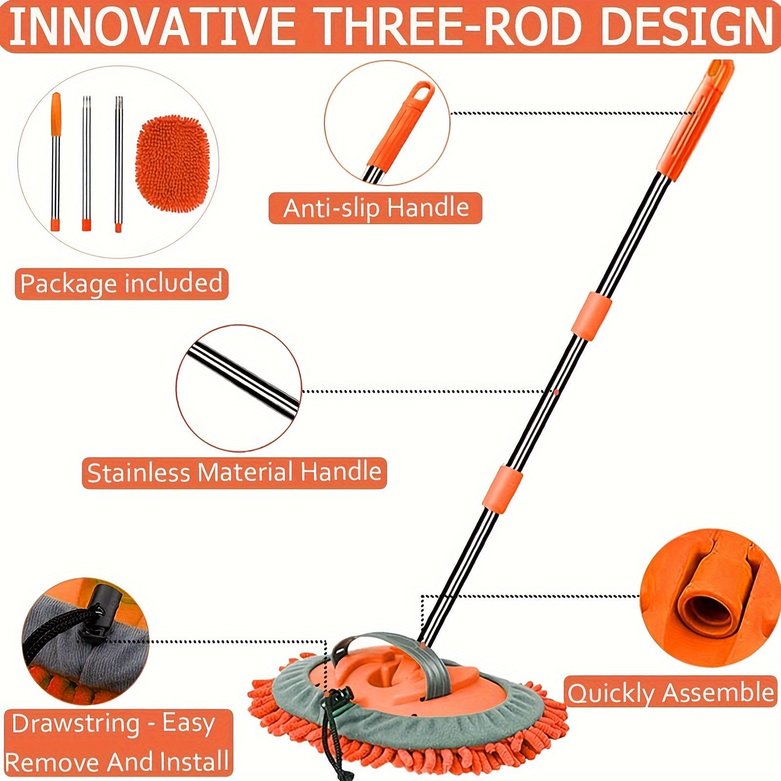 Spazzola per Lavaggio Auto in Microfibra con Manico Lungo – Testa di Mop Rimovibile per Pulizia Senza Graffi