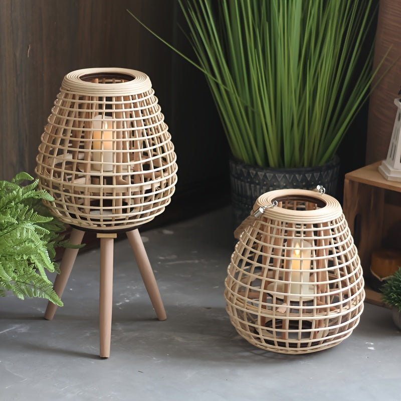 Lanterna in Rattan Intrecciata a Mano con Portacandele – Pezzo Decorativo Singolo per Soggiorno, Balcone o Ristorazione