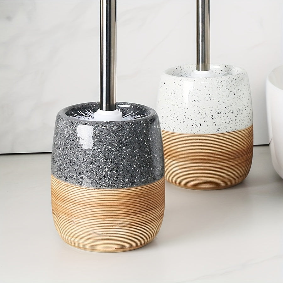 Set Elegante di Spazzola per Toilette in Ceramica – Base in Legno e Manico in Acciaio Inossidabile