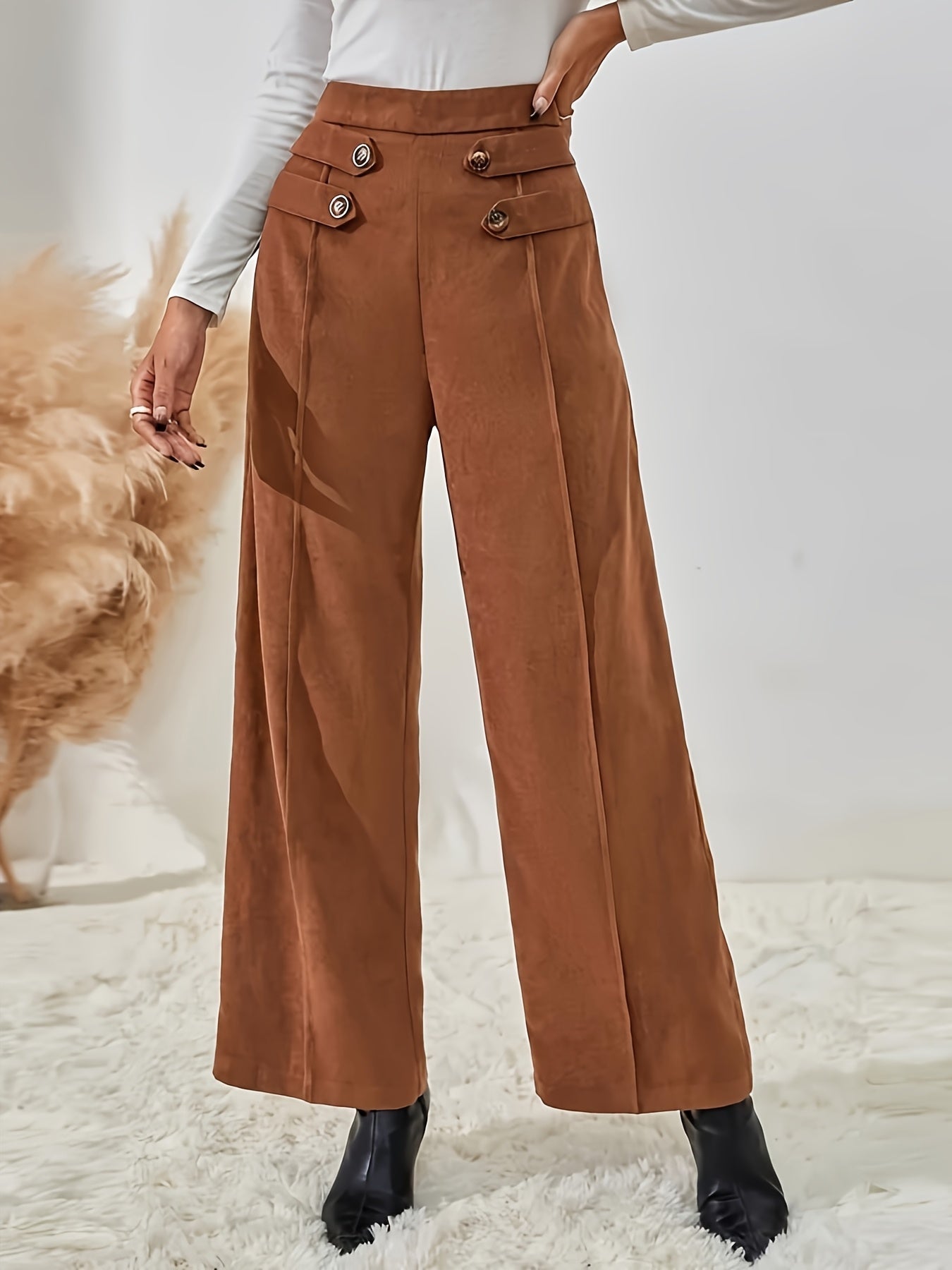 Elegante Pantalone a Vita Alta con Dettagli in Bottone – Pantalone Wide Leg Femminile per Primavera e Autunno