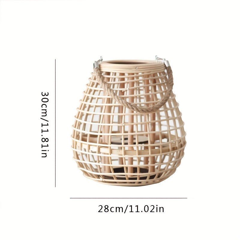 Lanterna in Rattan Intrecciata a Mano con Portacandele – Pezzo Decorativo Singolo per Soggiorno, Balcone o Ristorazione