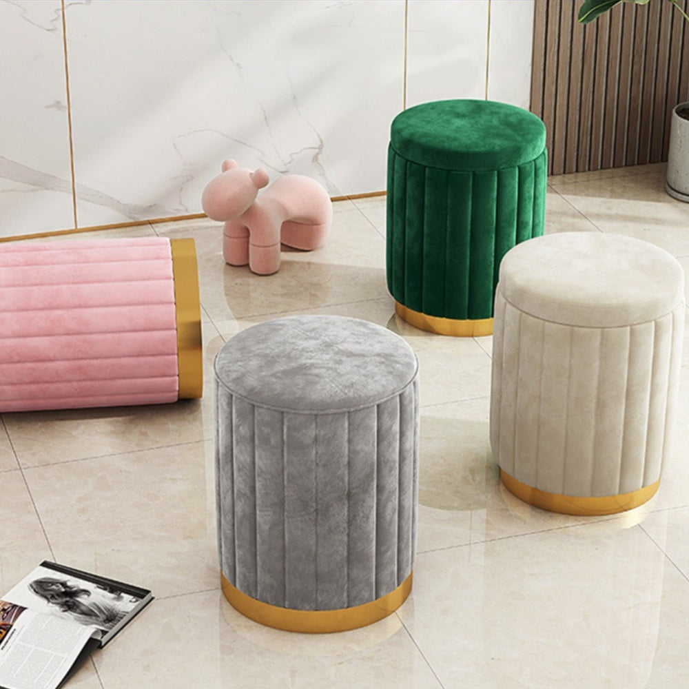Nordic Chic Pouf da Stivaggio – Pouf Rotondo Elegante con Spazio di Archiviazione e Finitura a Specchio