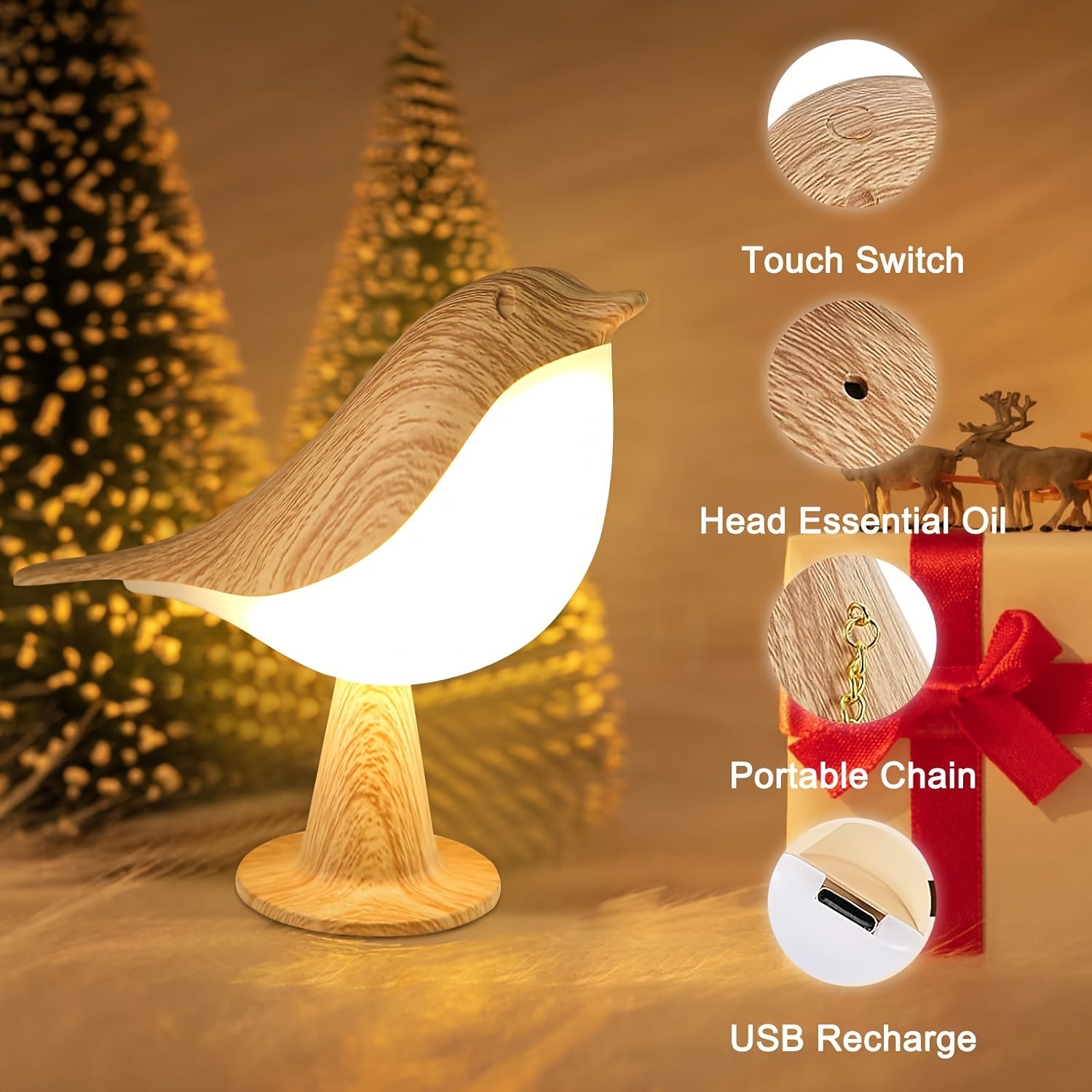 Lampada LED a forma di Uccello con Diffusore Aroma – Lampada da Notte e da Lettura Ricaricabile USB con 3 Temperature di Colore