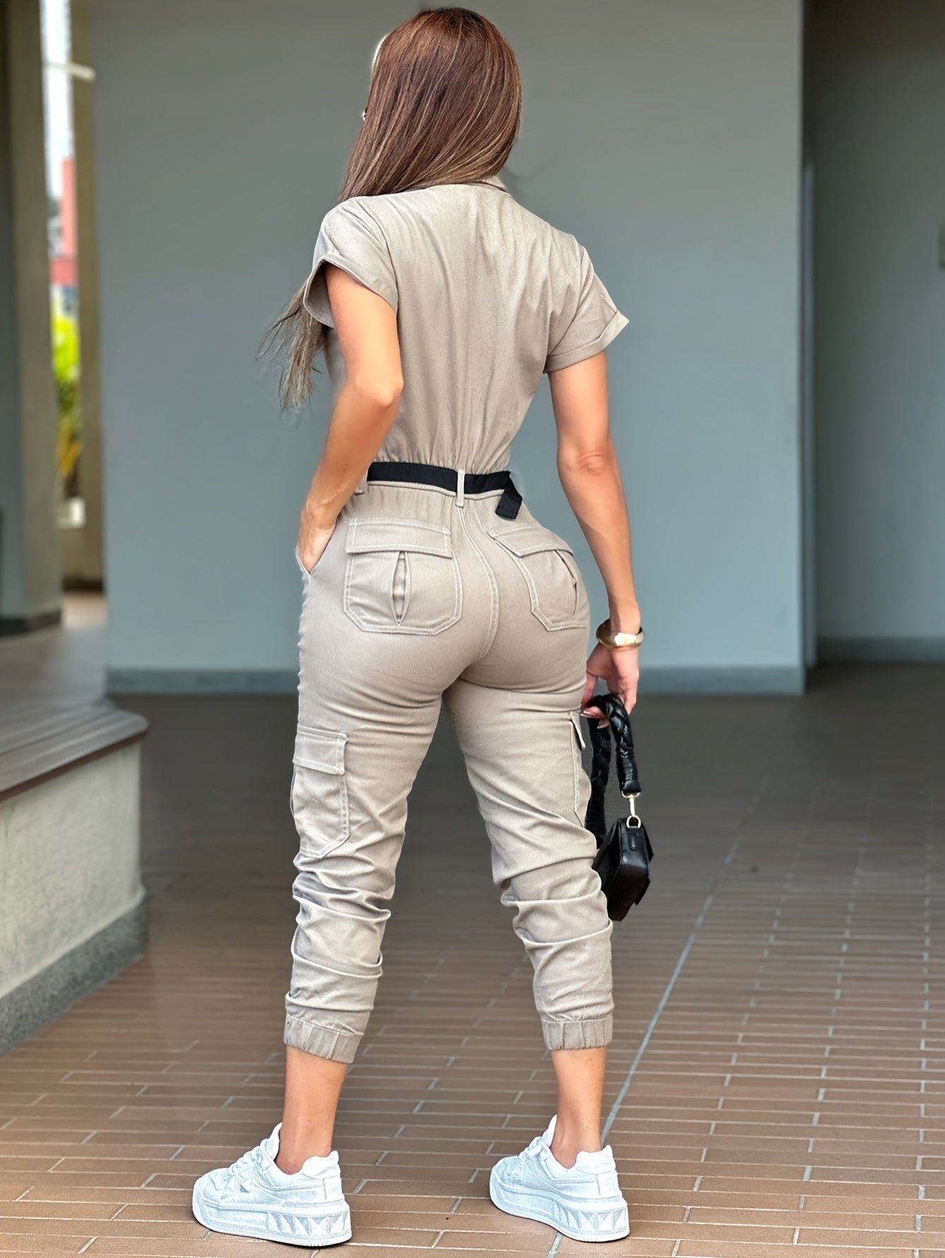 Salopette Casual Cargo per Donne – Zip, Maniche Corte e Tasche Funzionali