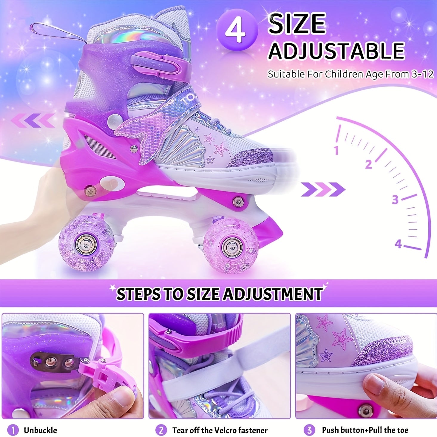 Patini Regolabili per Bambini – Motivo a Stella Glitterato con Ruote Luminescenti