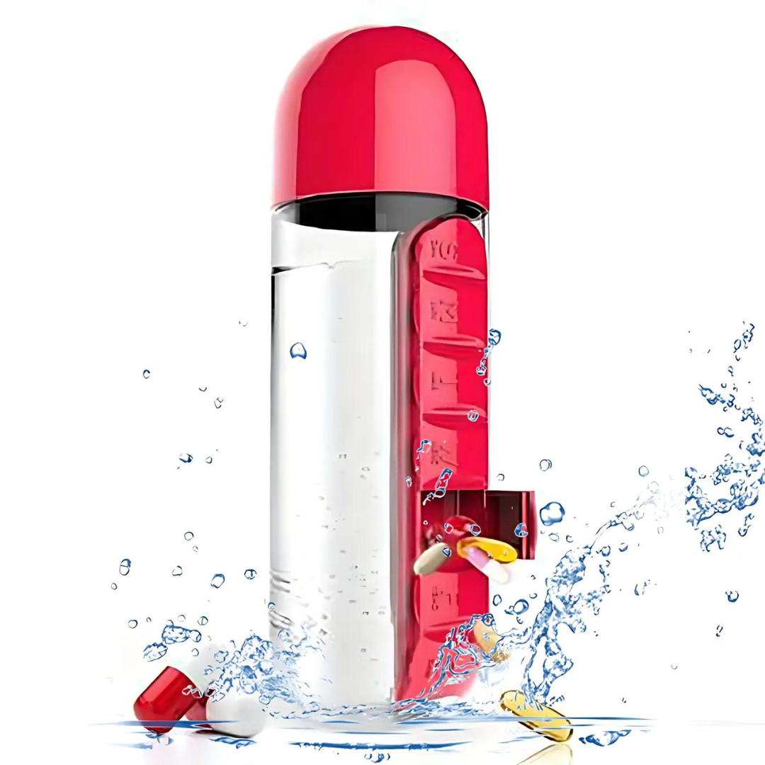 VitaBottle - Bottiglia d'acqua portatile con scatola per pillole integrata.