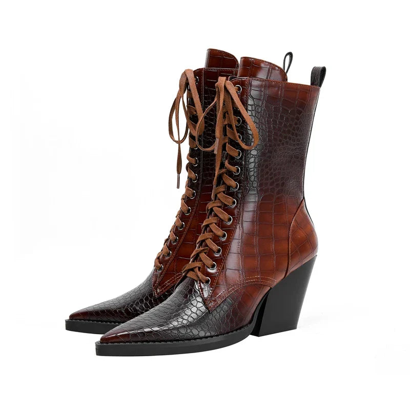 Stivali da Donna con Lacci e Motivo Croco – Stile Western con Punta Affilata