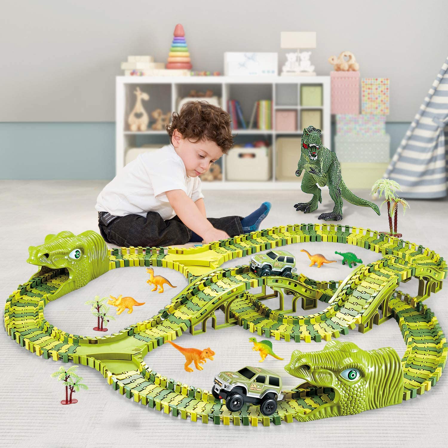 DinoTrack - Set di Giocattoli Dinosauri - Pista a 360 Gradi
