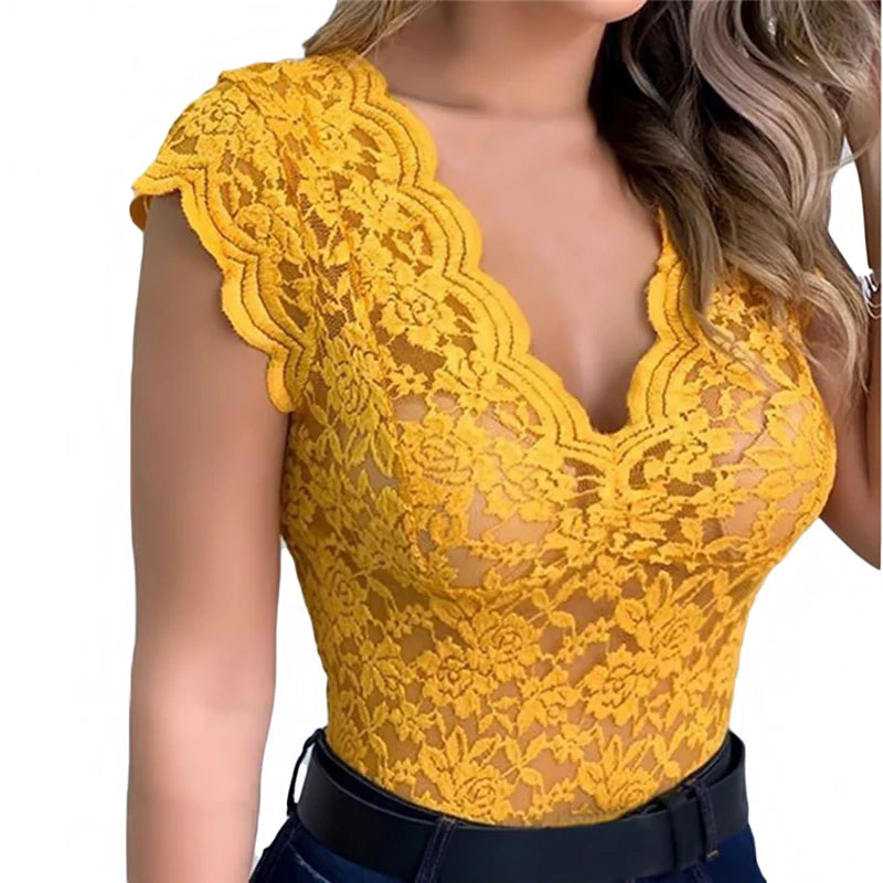 Top in Pizzo Giallo per Donne – Blusa Estiva in Pizzo per un Look Femminile ed Elegante