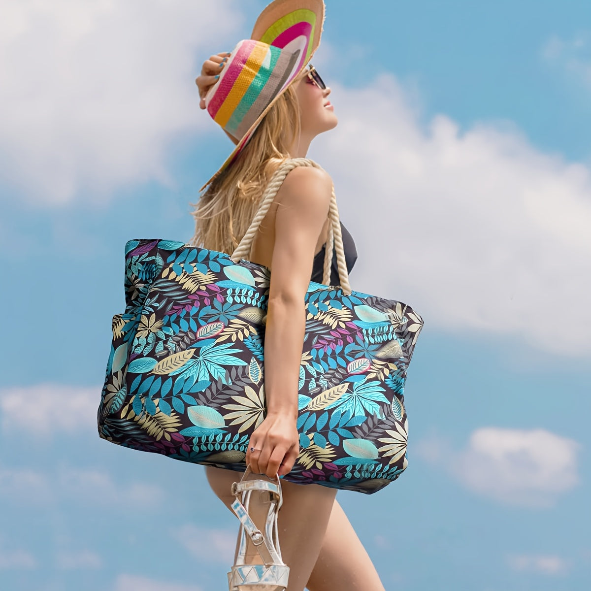 Borsa da Spiaggia Trendy con Stampa Foglia - Ampia, Resistente e Perfetta per le Vacanze
