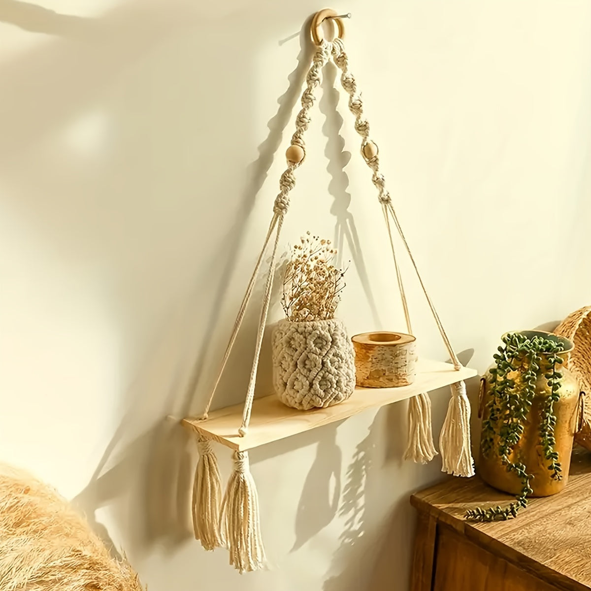 Boho Macramé Mensola a Muro – Mensola in Legno Fatta a Mano con Design in Cordone per un Interno Accogliente
