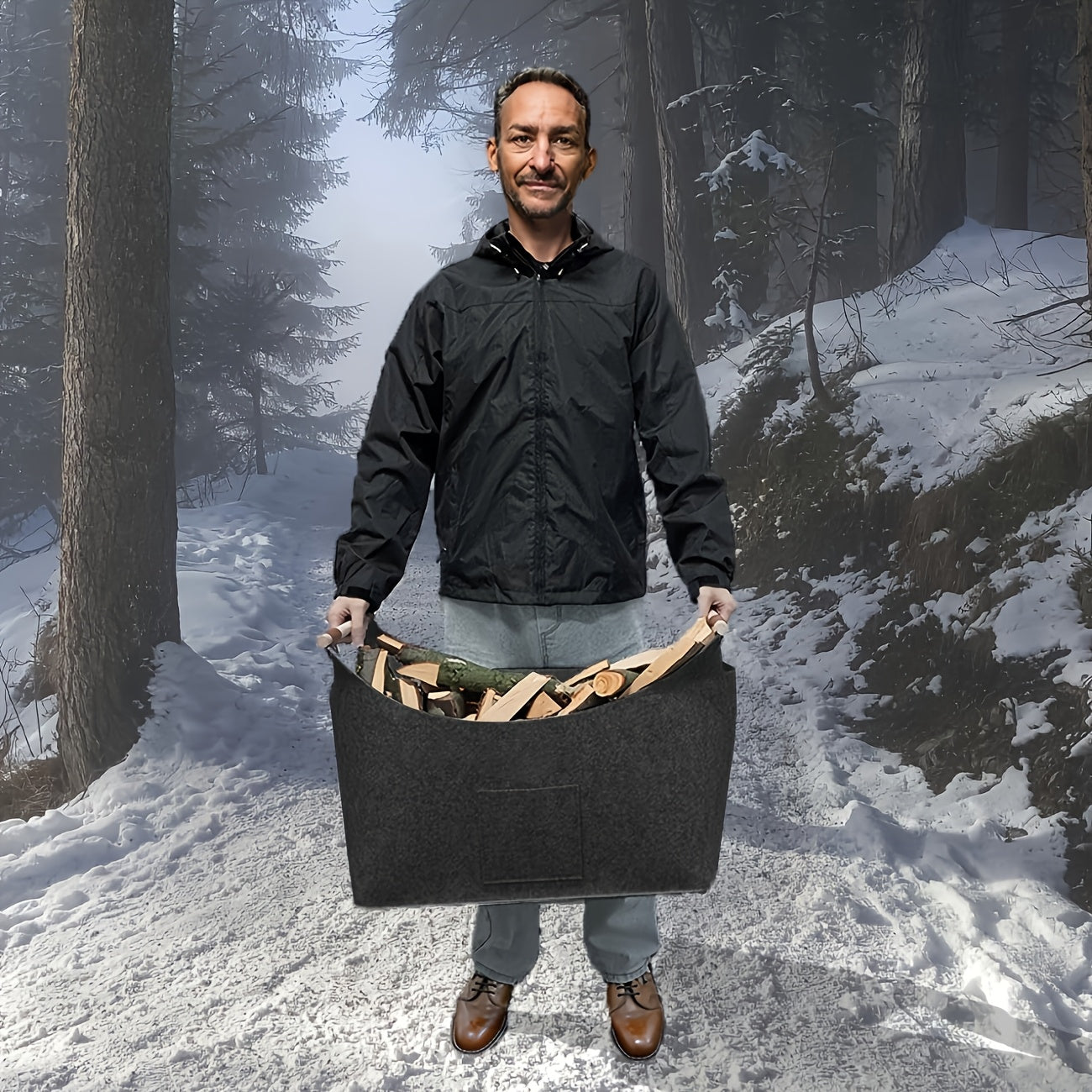 Cesta Pieghevole in Feltro XL con Manici in Legno – Portalegna Sostenibile e Stilosu per Uso Interno