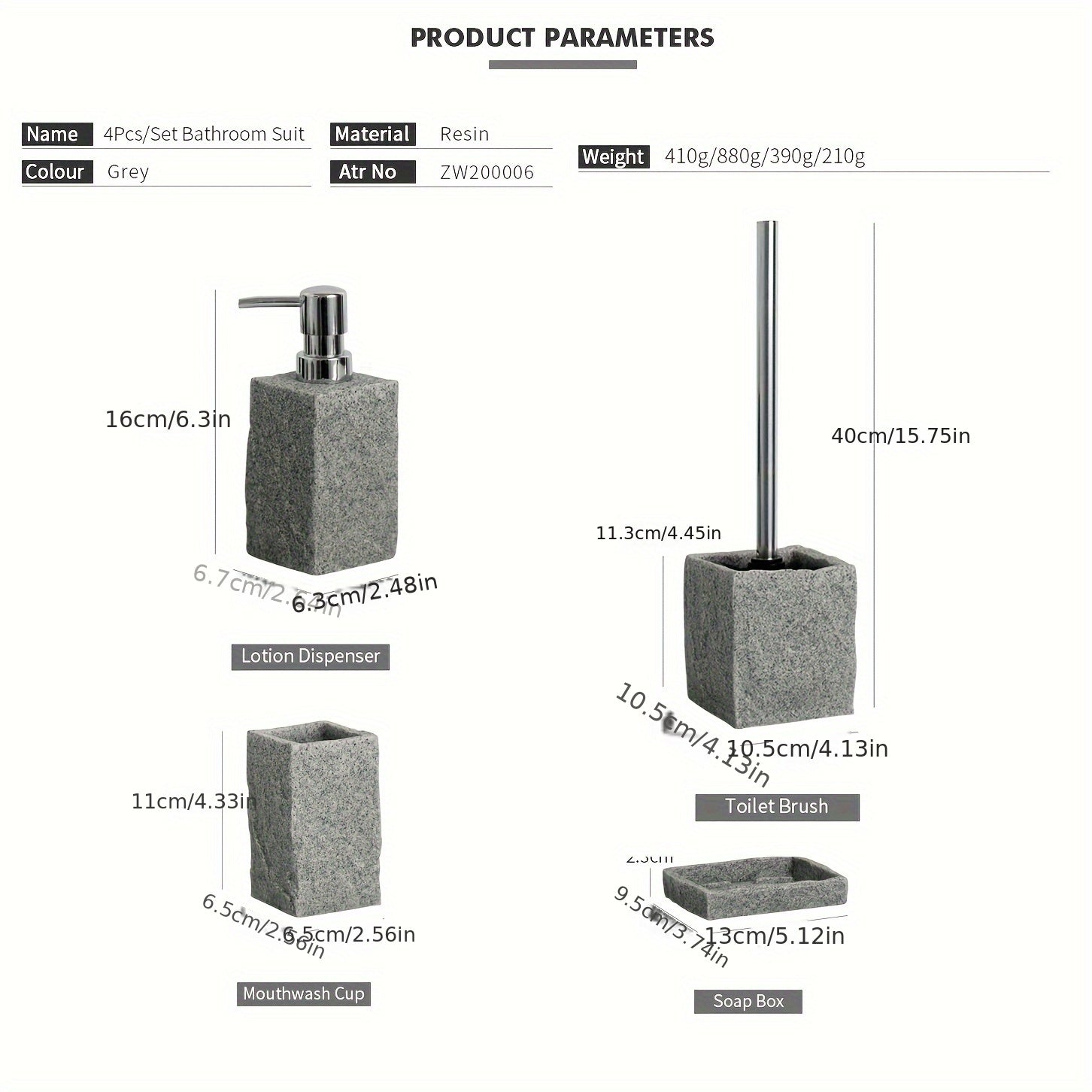 Set da Bagno in Resina Grigia – Set di Lusso da 4 Pezzi per un Bagno Elegante