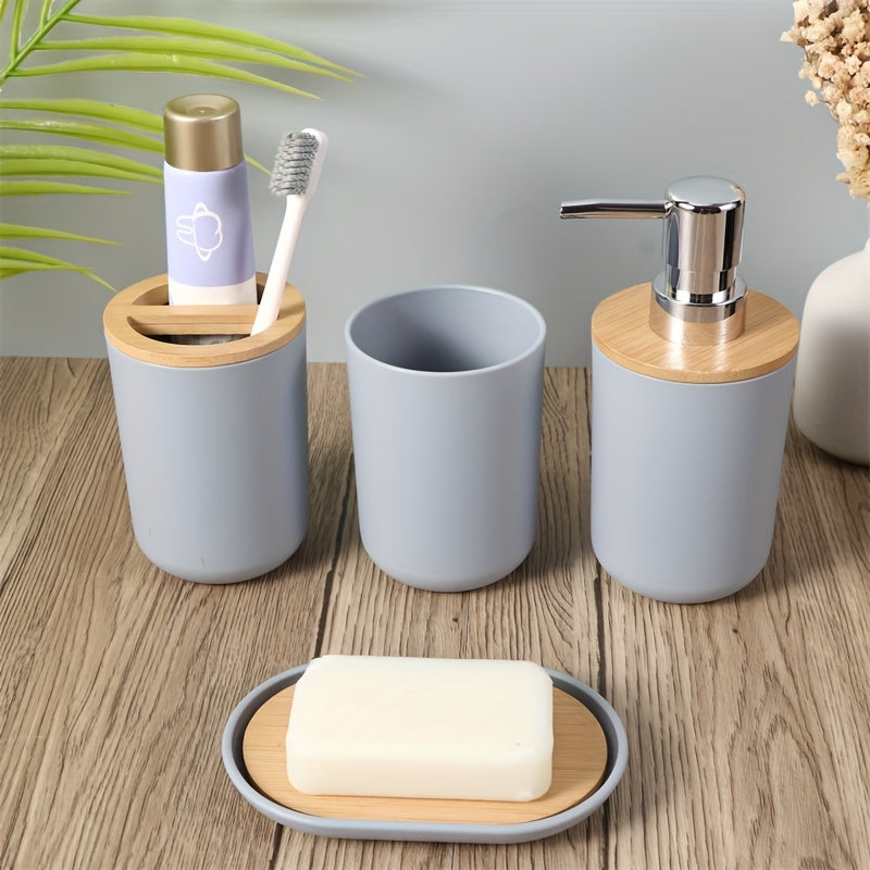 Set di Accessori per Bagno con Coperchio in Bambù – Set da 4 Pezzi per Decorare il Bagno