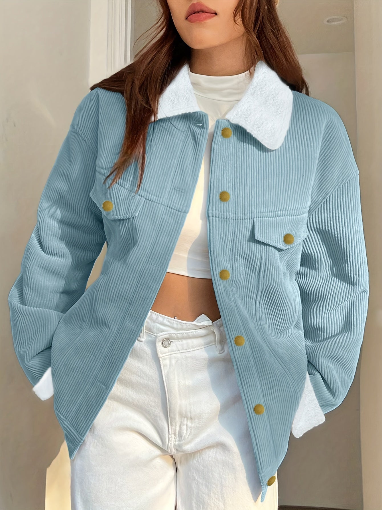 Giacca da Donna Elegante per Autunno e Inverno – Colore Unito con Collo e Bottoni