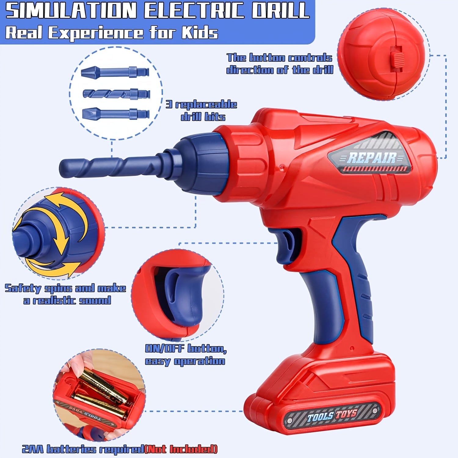 Set di Attrezzi da 48 Pezzi per Bambini – Con Trapano Elettrico, Casco di Sicurezza e Borsa di Stoccaggio
