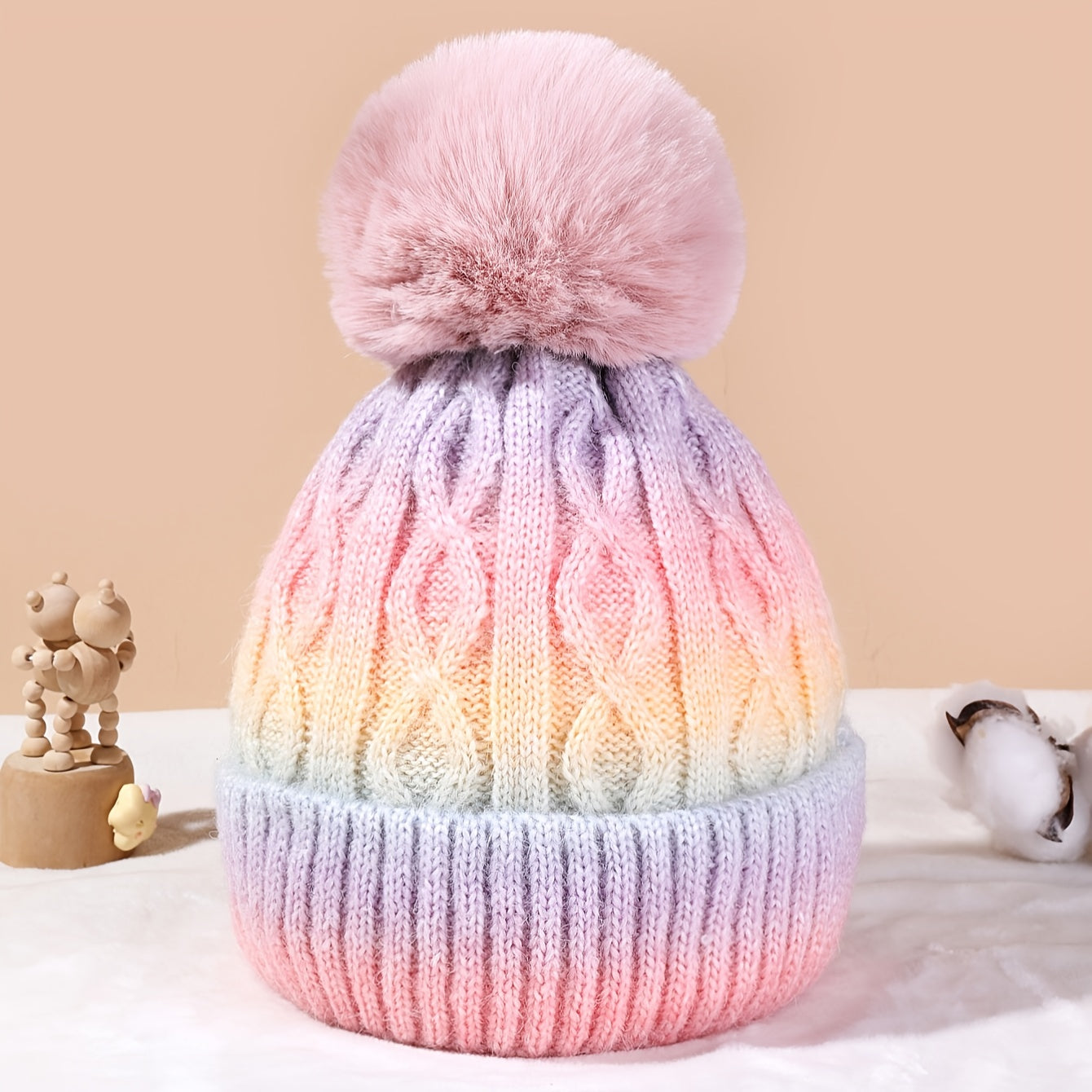 Beanie Lana Arcobaleno per Ragazze - Cappello Tricot con Pompon e Materiale Spesso per l'Inverno