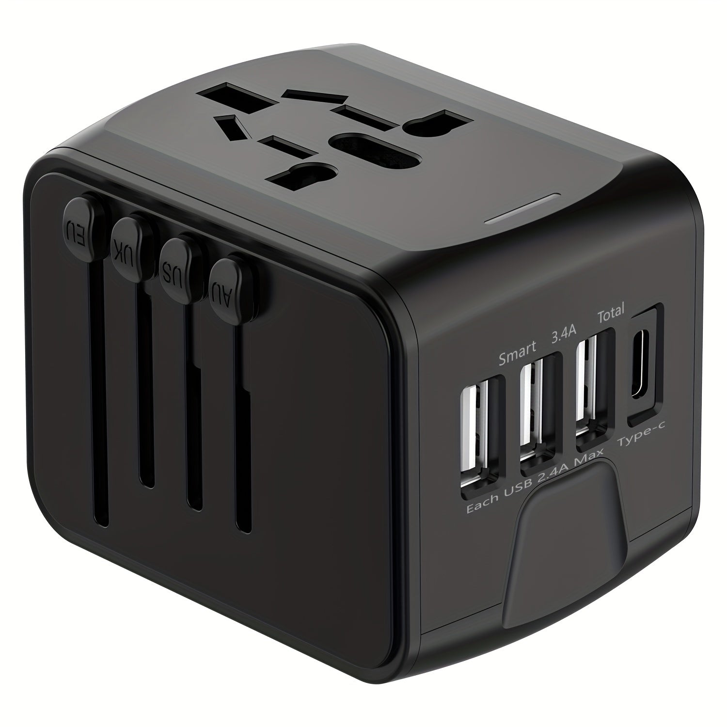 Adattatore da viaggio con 4 porte USB e Type-C – Caricabatterie Globale con Ricarica Rapida e Sicurezza