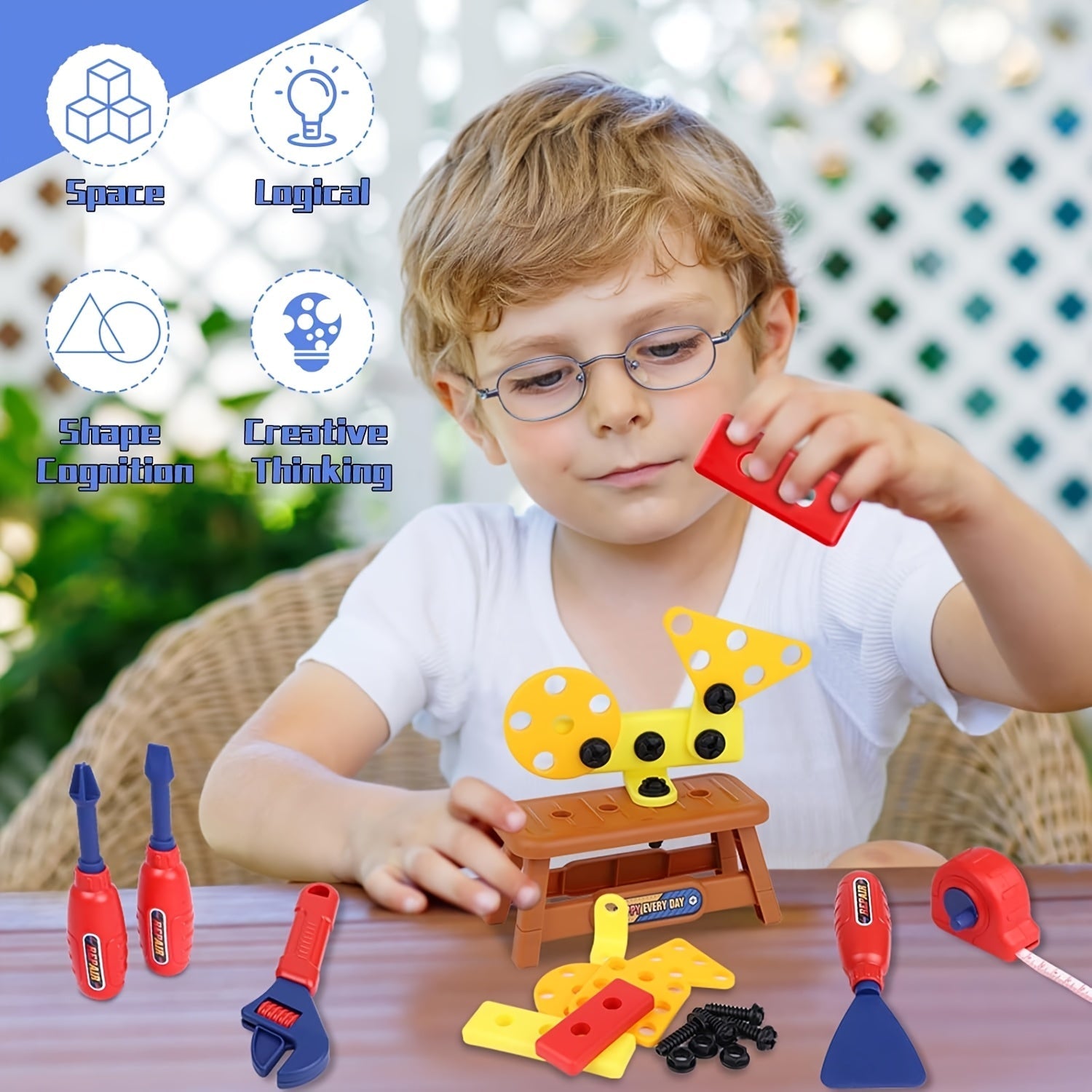 Set di Attrezzi da 48 Pezzi per Bambini – Con Trapano Elettrico, Casco di Sicurezza e Borsa di Stoccaggio