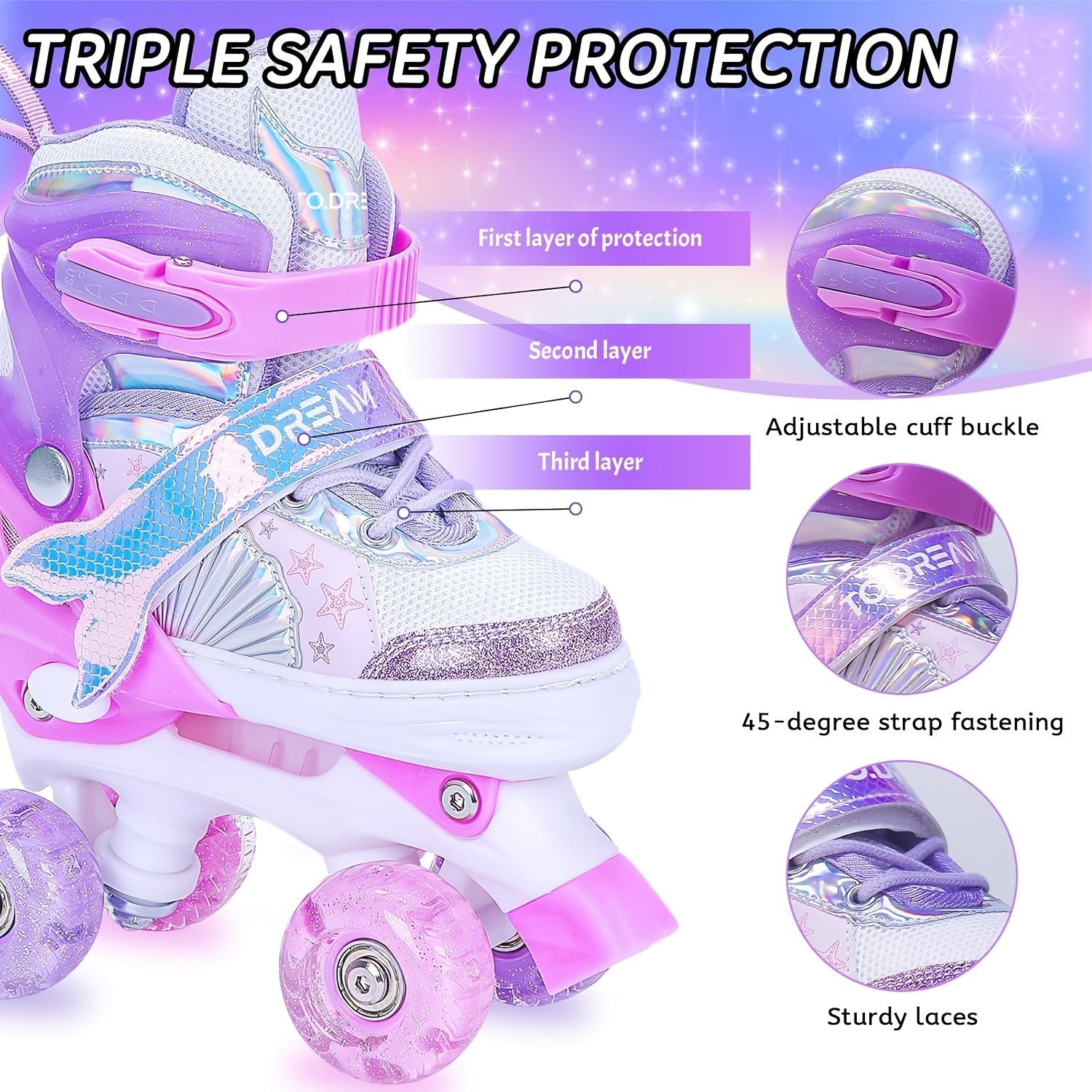 Patini Regolabili per Bambini – Motivo a Stella Glitterato con Ruote Luminescenti